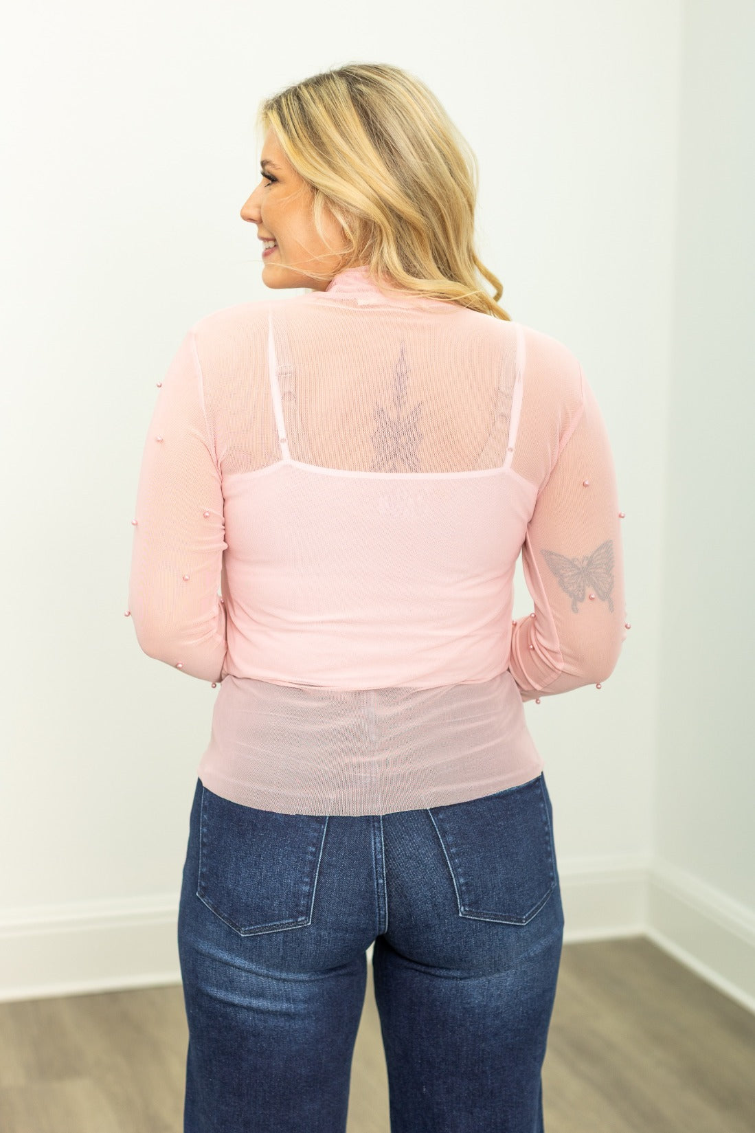 Grace & Emma Mock Neck Mesh Top with Pearl Detail, Pink
