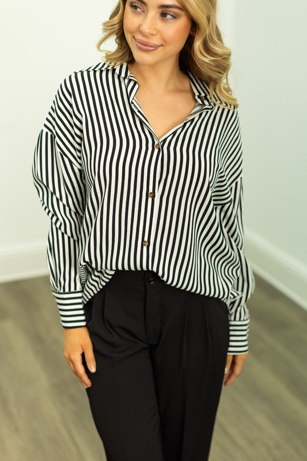 Grace & Emma Kathryn Classic Button-Up, Black Stripes