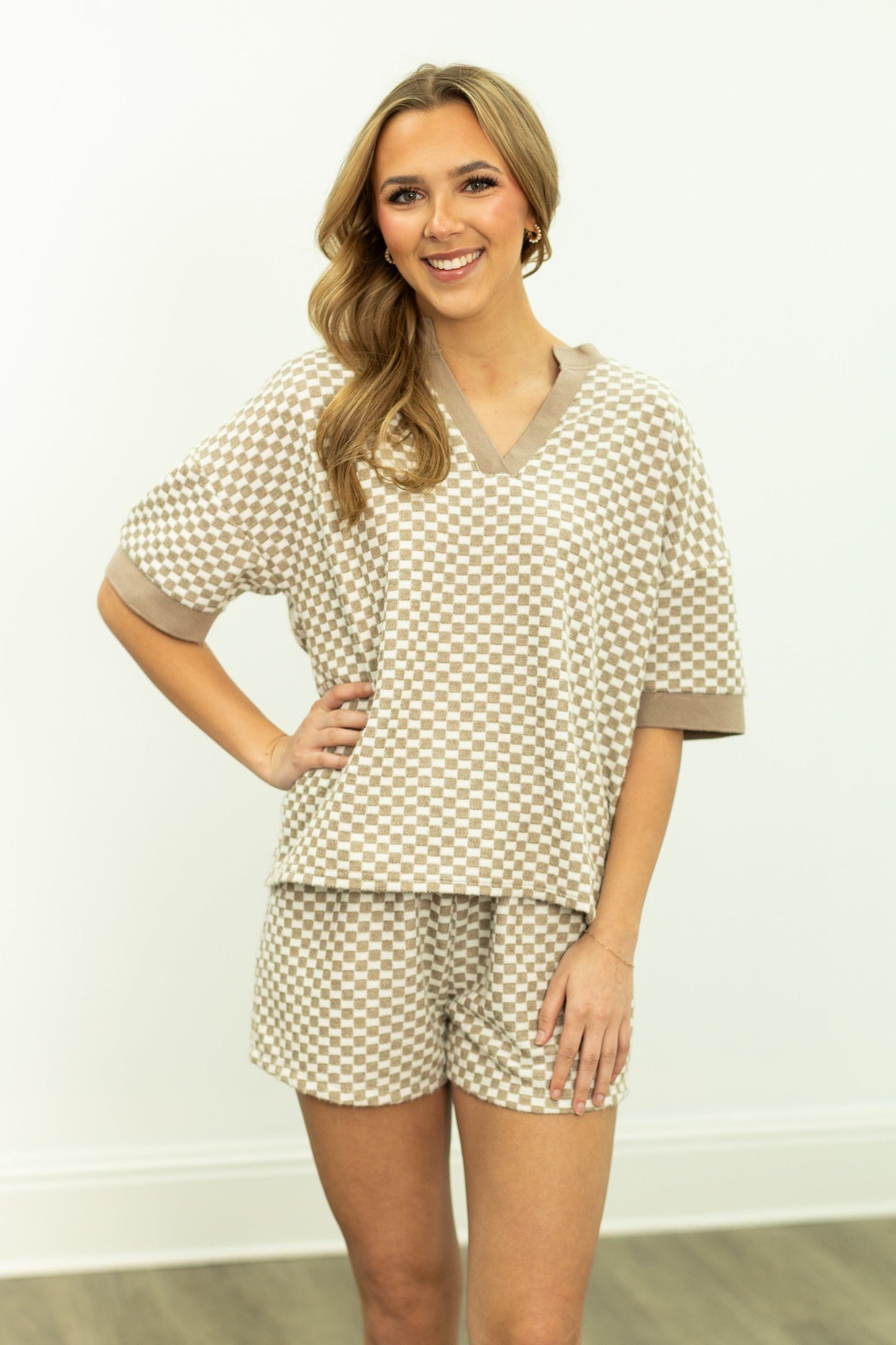 Grace & Emma Checkerboard Knit Top, Beige