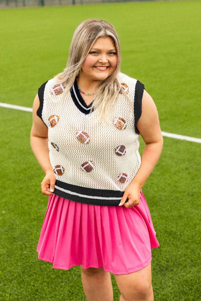 Grace and Emma Glitter Football Patches Knit White Vest