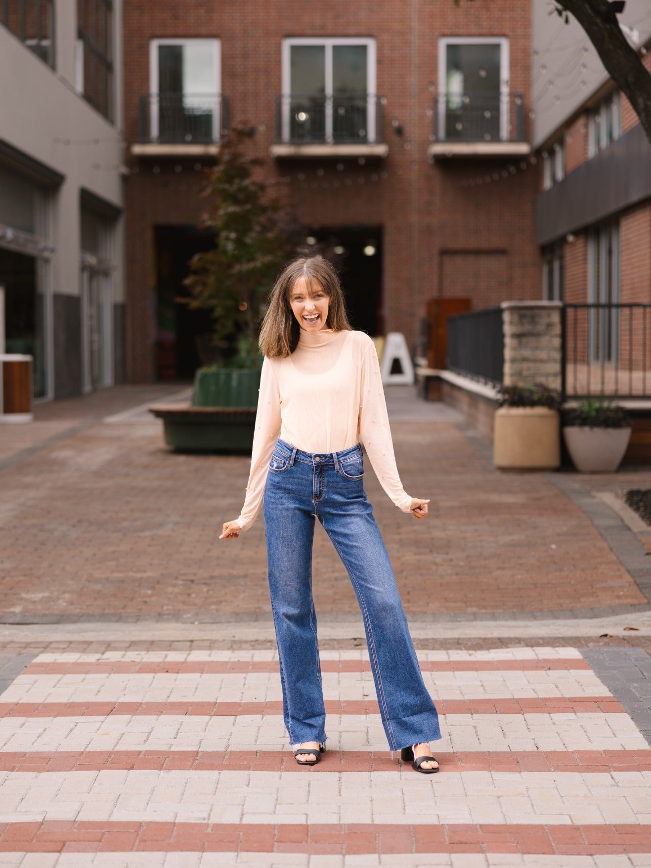 Grace & Emma Mock Neck Mesh Top with Pearl Detail, Champagne