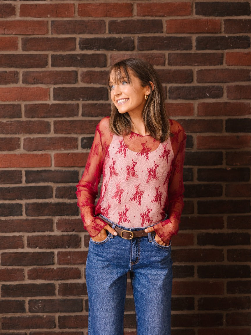 Grace & Emma Lace Long-sleeve Top, Red