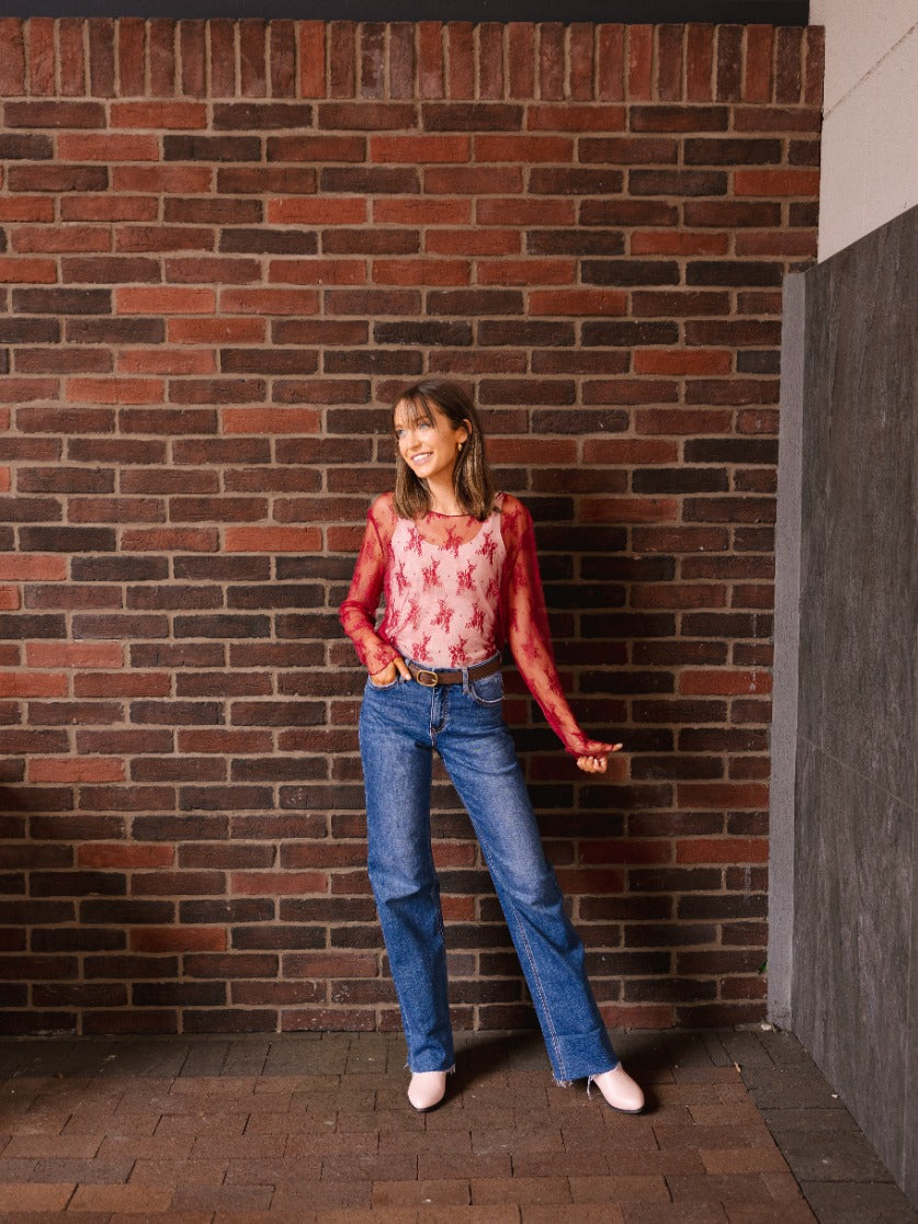 Grace & Emma Lace Long-sleeve Top, Red