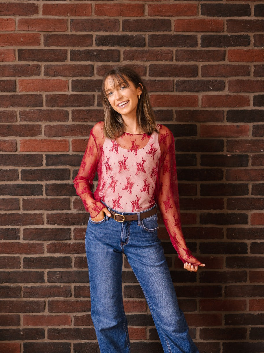 Grace & Emma Lace Long-sleeve Top, Red