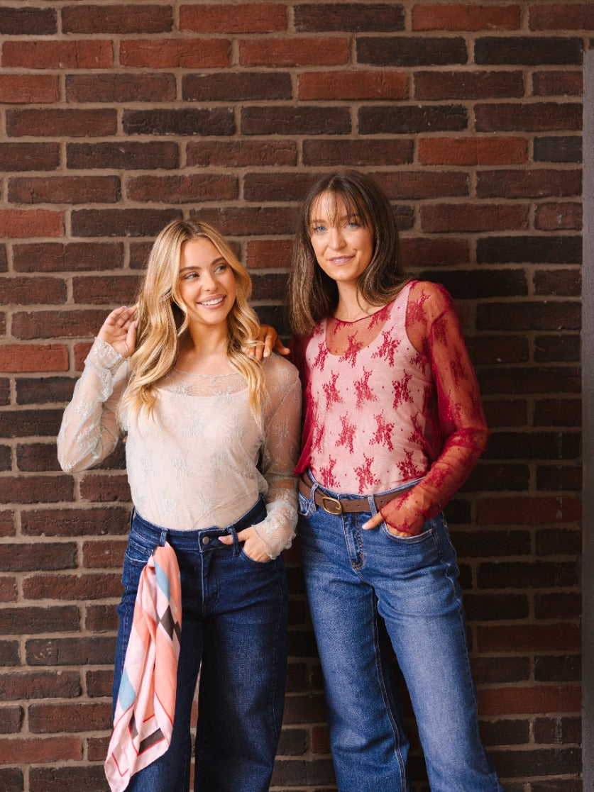 Grace & Emma Lace Long-sleeve Top, Red
