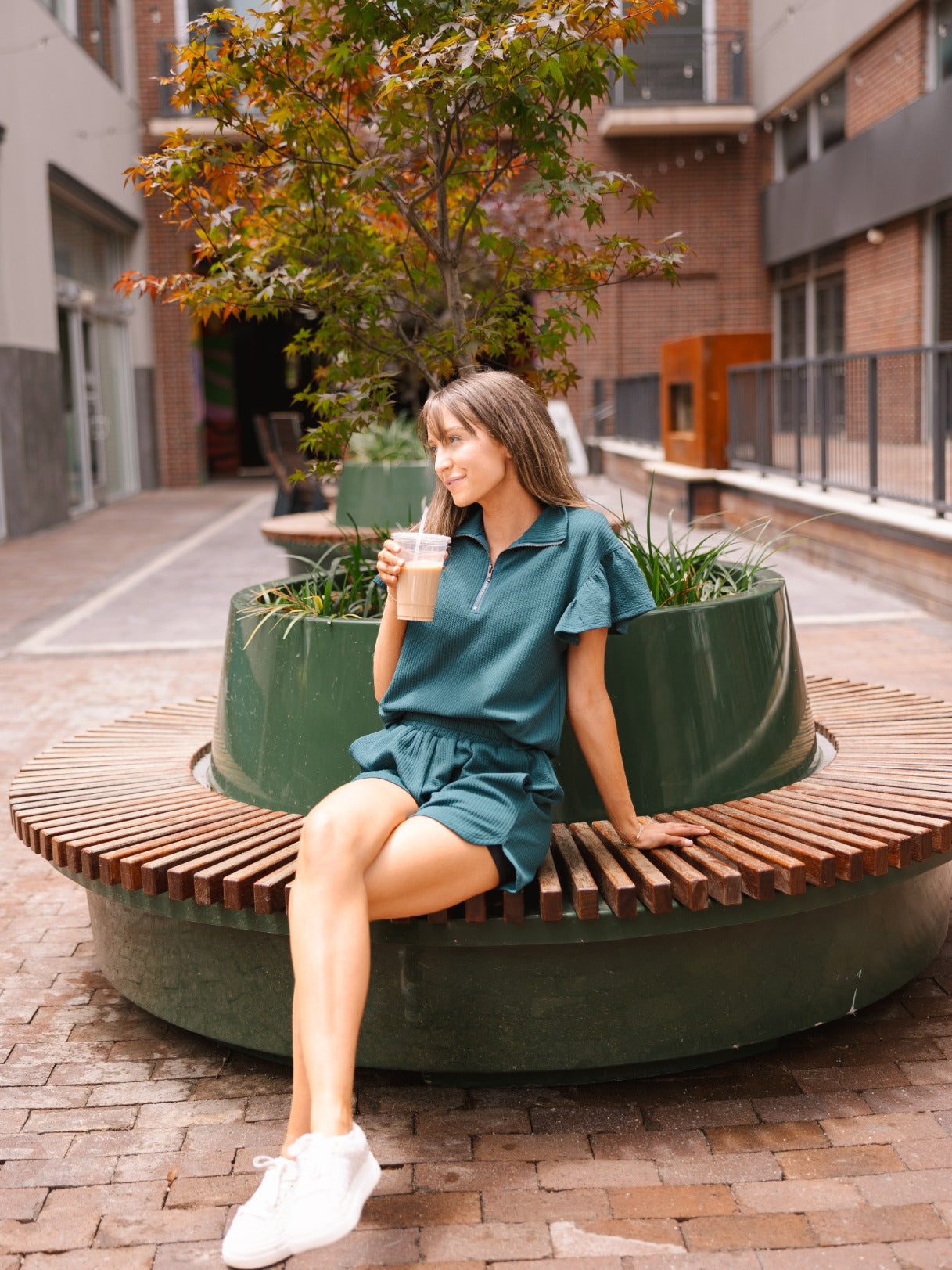 Grace & Emma Forest Green Quarter Zip with Flutter Sleeves