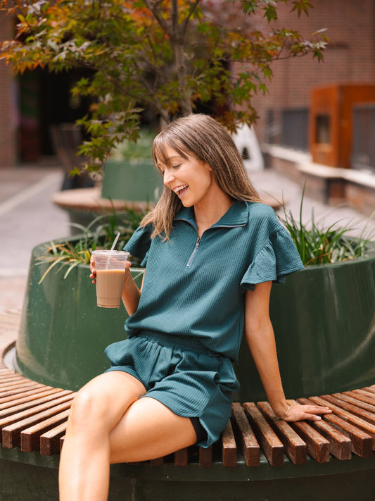 Grace & Emma Forest Green Quarter Zip with Flutter Sleeves