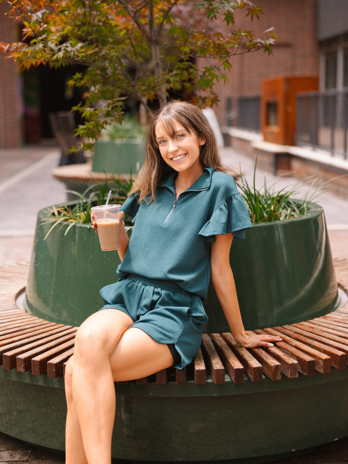 Grace & Emma Forest Green Quarter Zip with Flutter Sleeves
