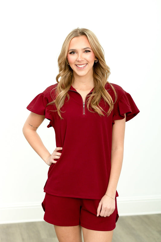 Grace & Emma Maroon Quarter Zip with Flutter Sleeves