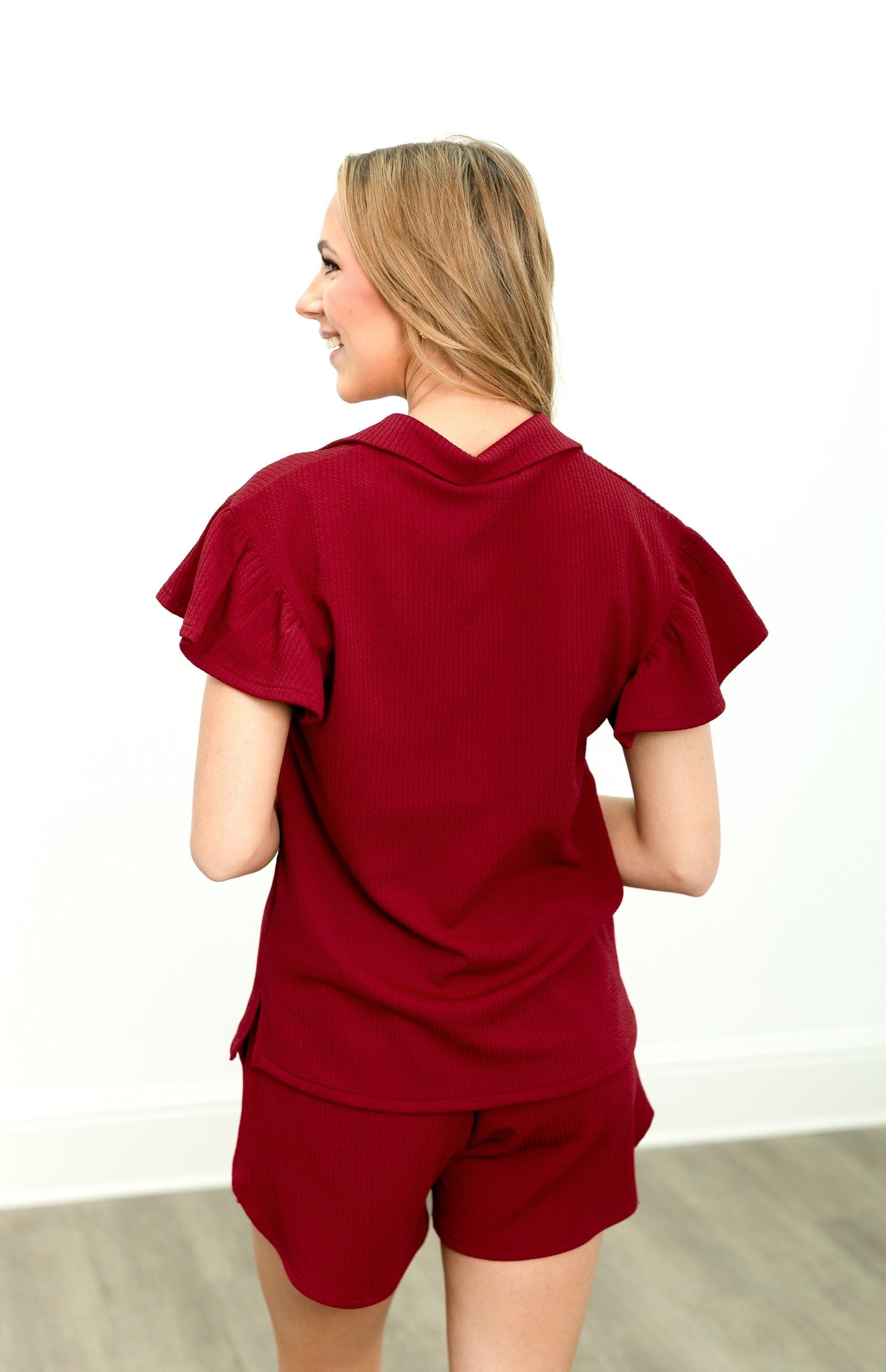 Grace & Emma Maroon Quarter Zip with Flutter Sleeves