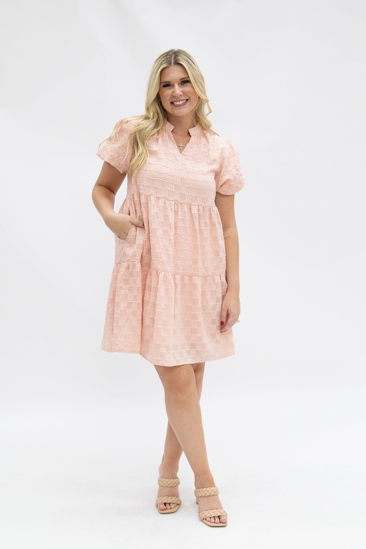 Grace & Emma V-Neck Checkered Dress, Pink