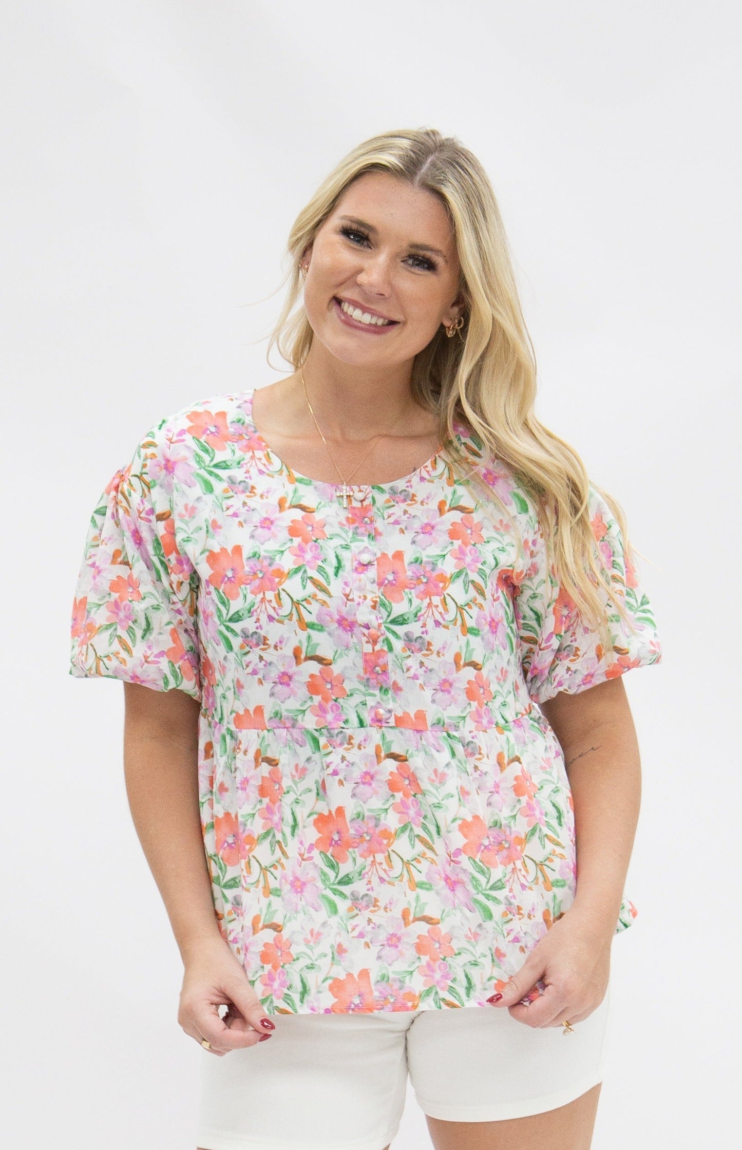 Grace & Emma Puff Sleeve Blouse, Watercolor Flowers
