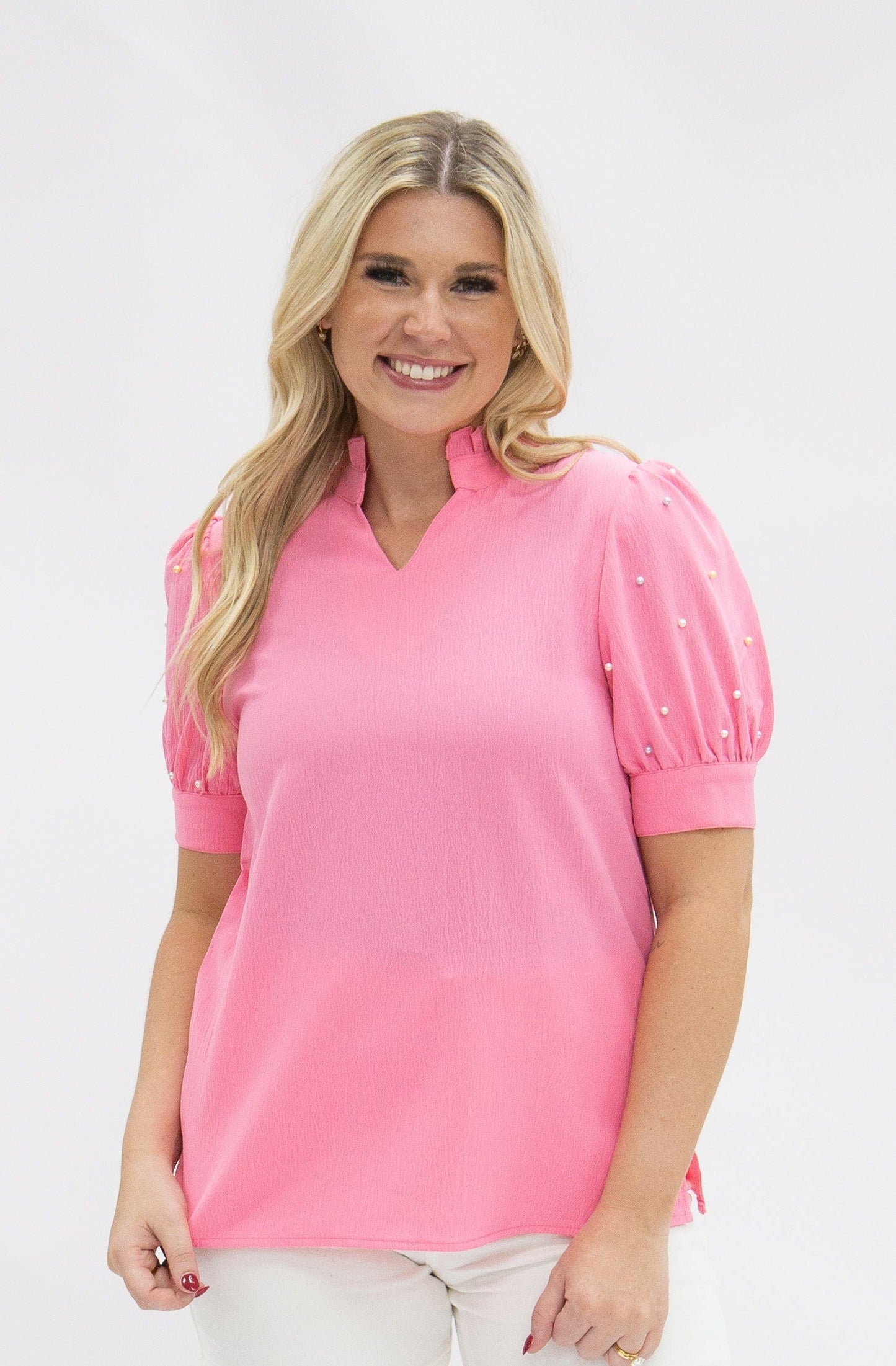 Grace + Emma Pink Puff Sleeve Top With Pearl