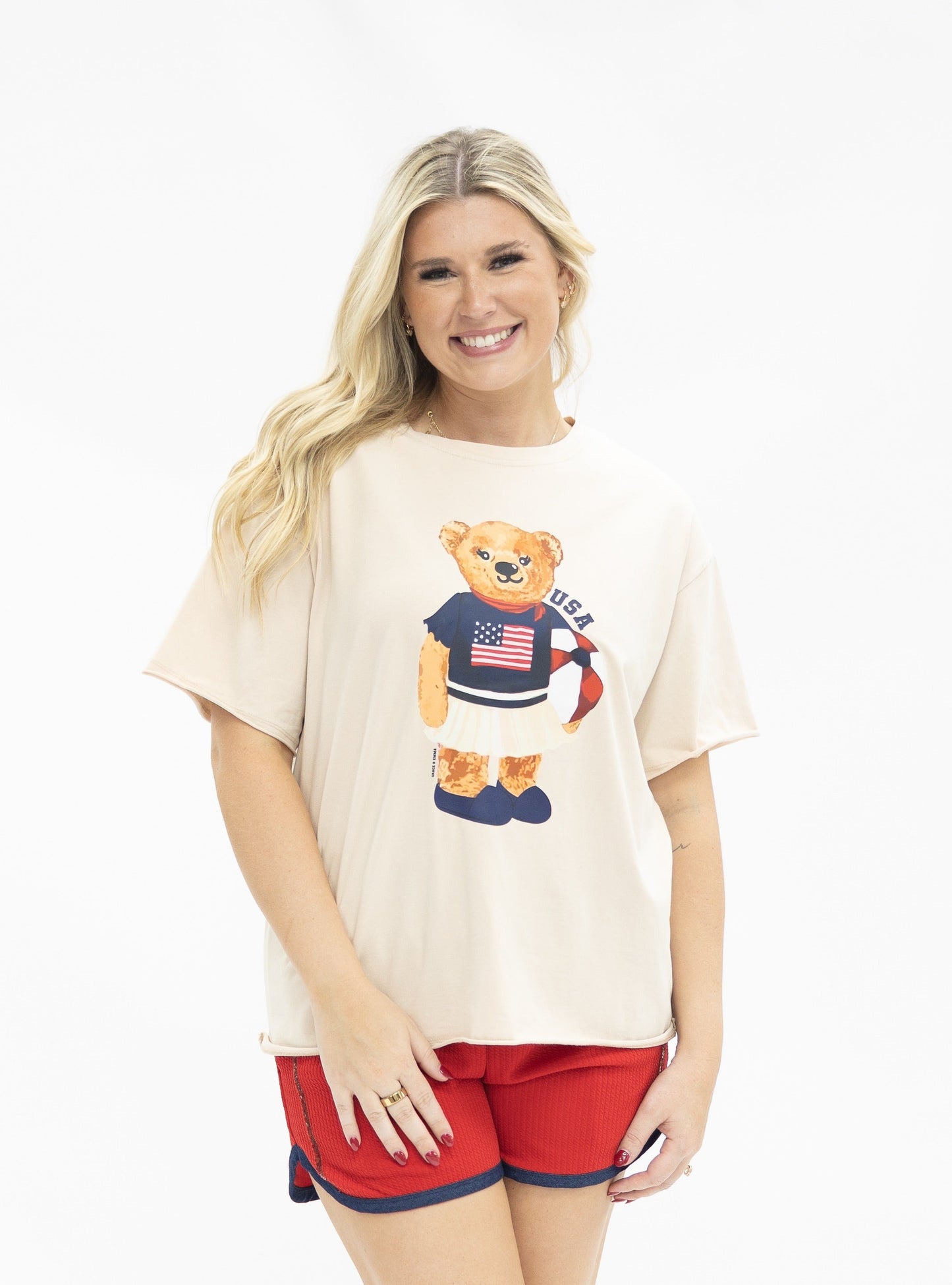 Grace & Emma USA Teddy on Beige Boxy Tee
