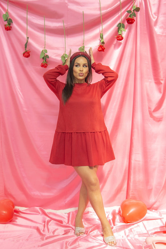 Grace & Emma Waffle Knit Long-Sleeve Dress, Red