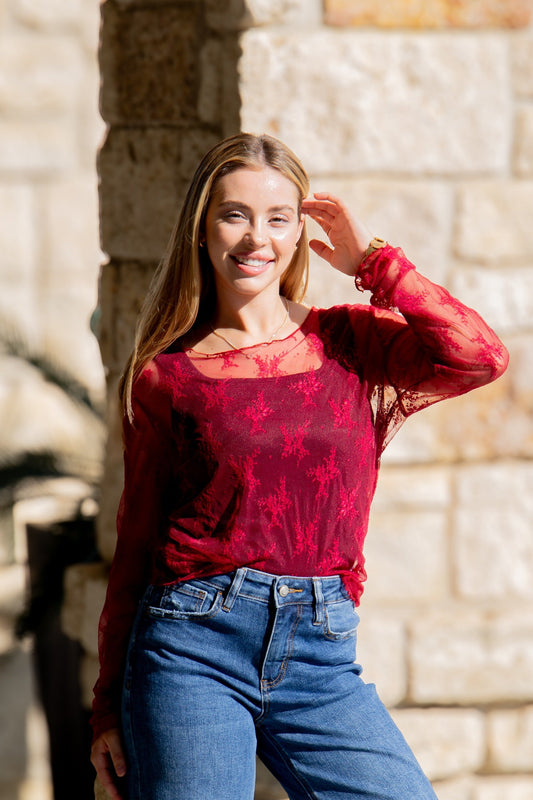 Grace & Emma Lace Long-sleeve Top, Red