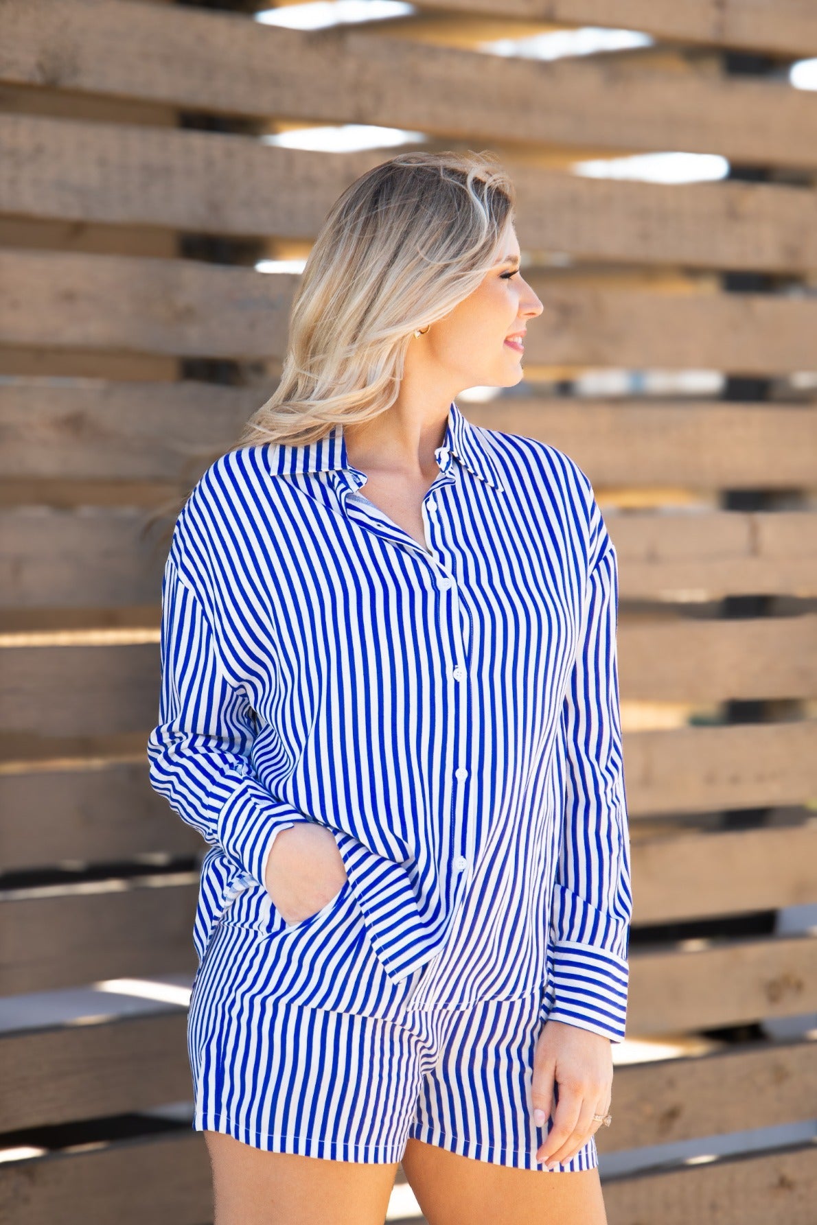 Grace & Emma Kathryn Classic Button-Up, Blue Stripe