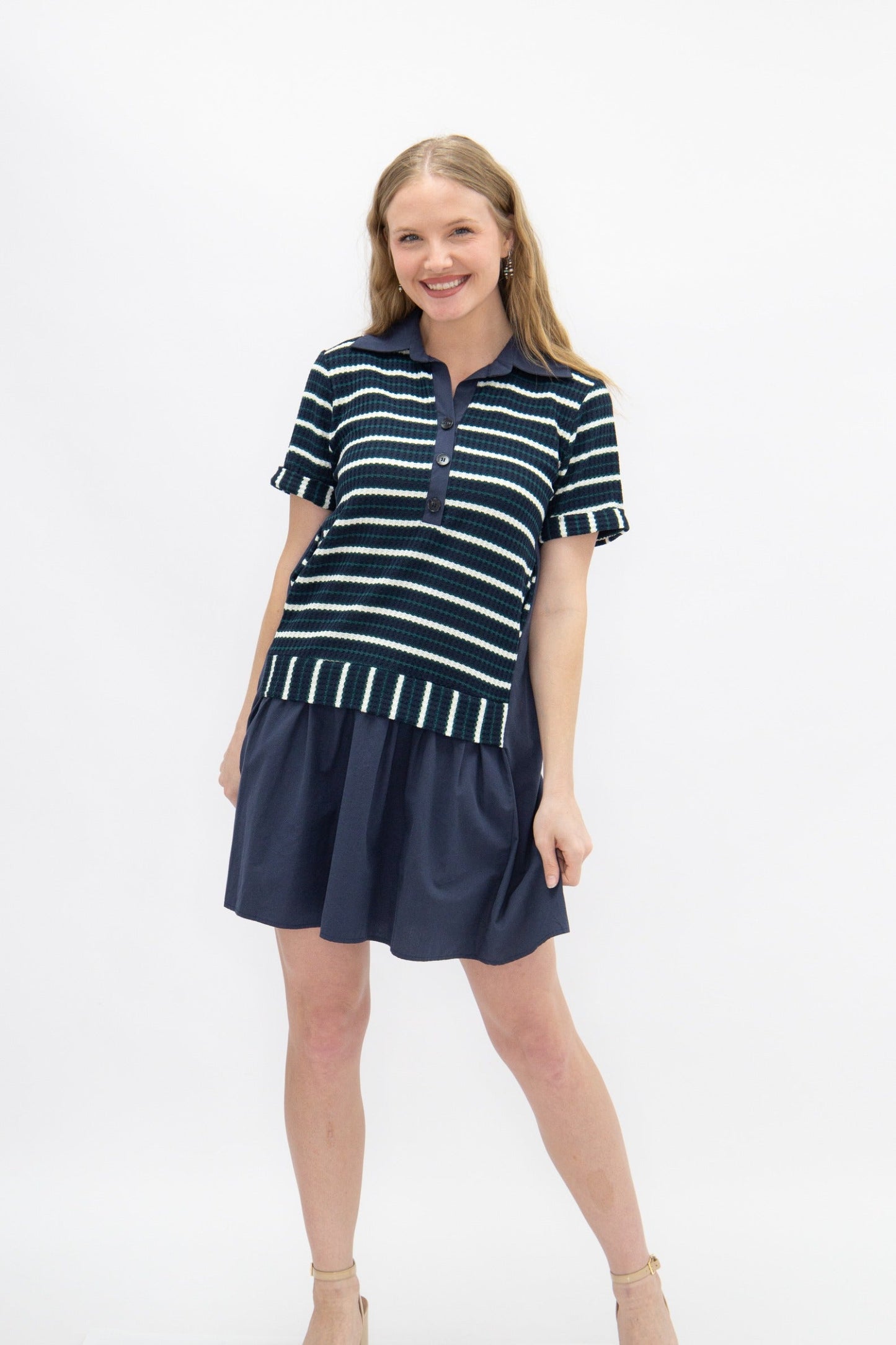 Grace + Emma Striped Knit Top with Attached Skirt, Navy