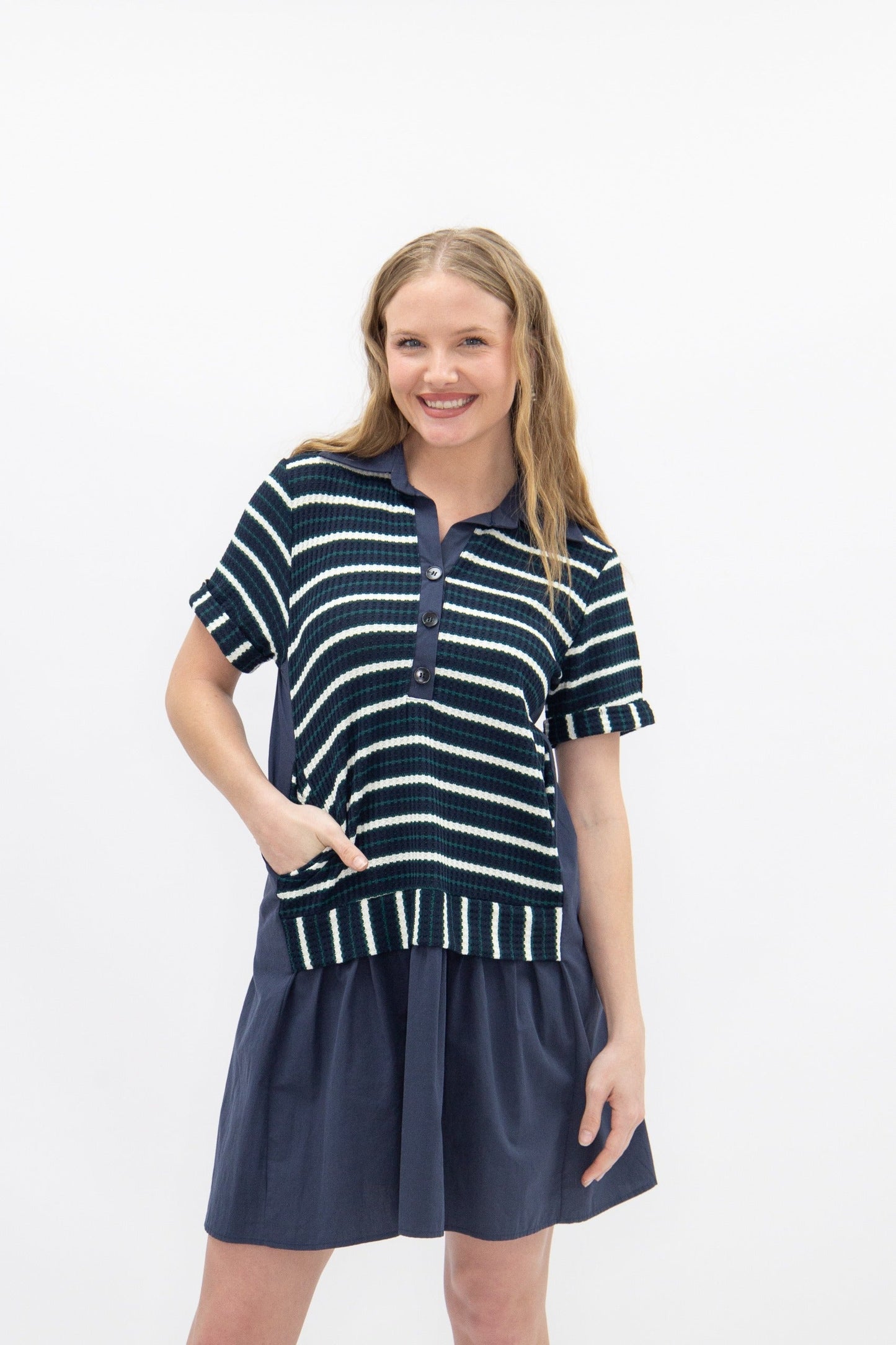 Grace + Emma Striped Knit Top with Attached Skirt, Navy
