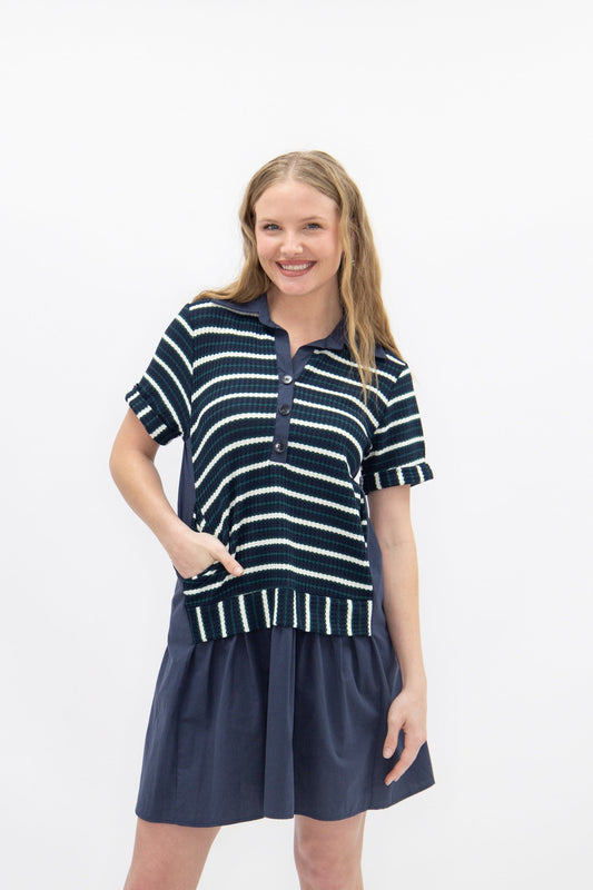 Grace + Emma Striped Knit Top with Attached Skirt, Navy