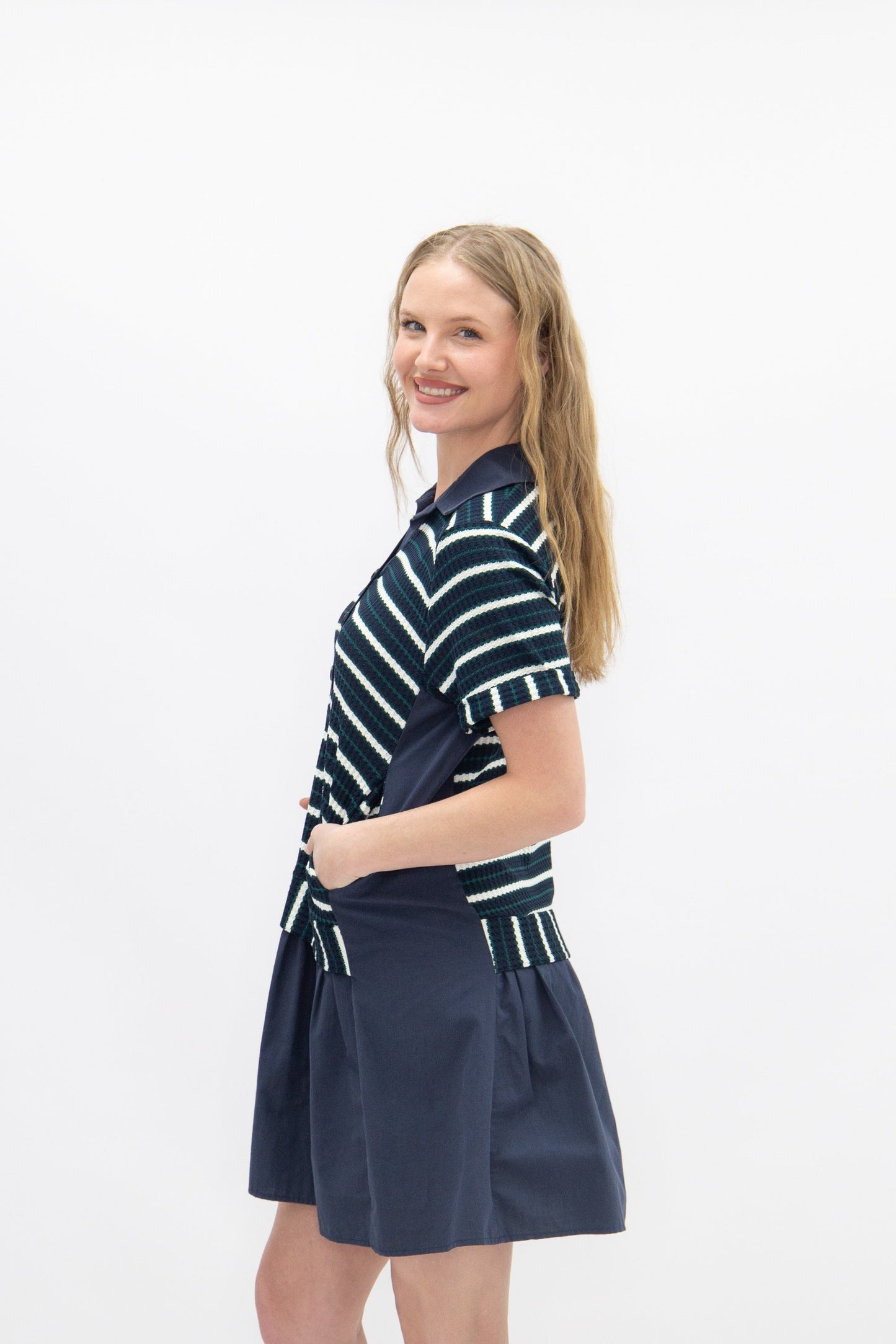 Grace + Emma Striped Knit Top with Attached Skirt, Navy