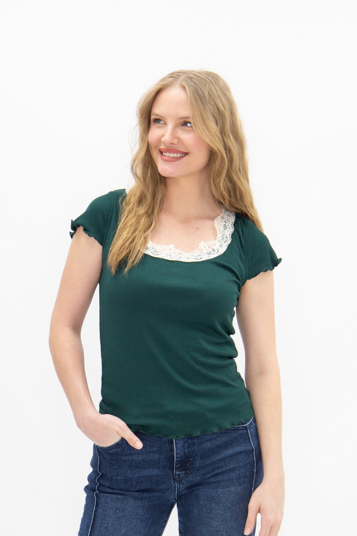 Grace & Emma Square Neck Tee with Lace Trim, Forest Green