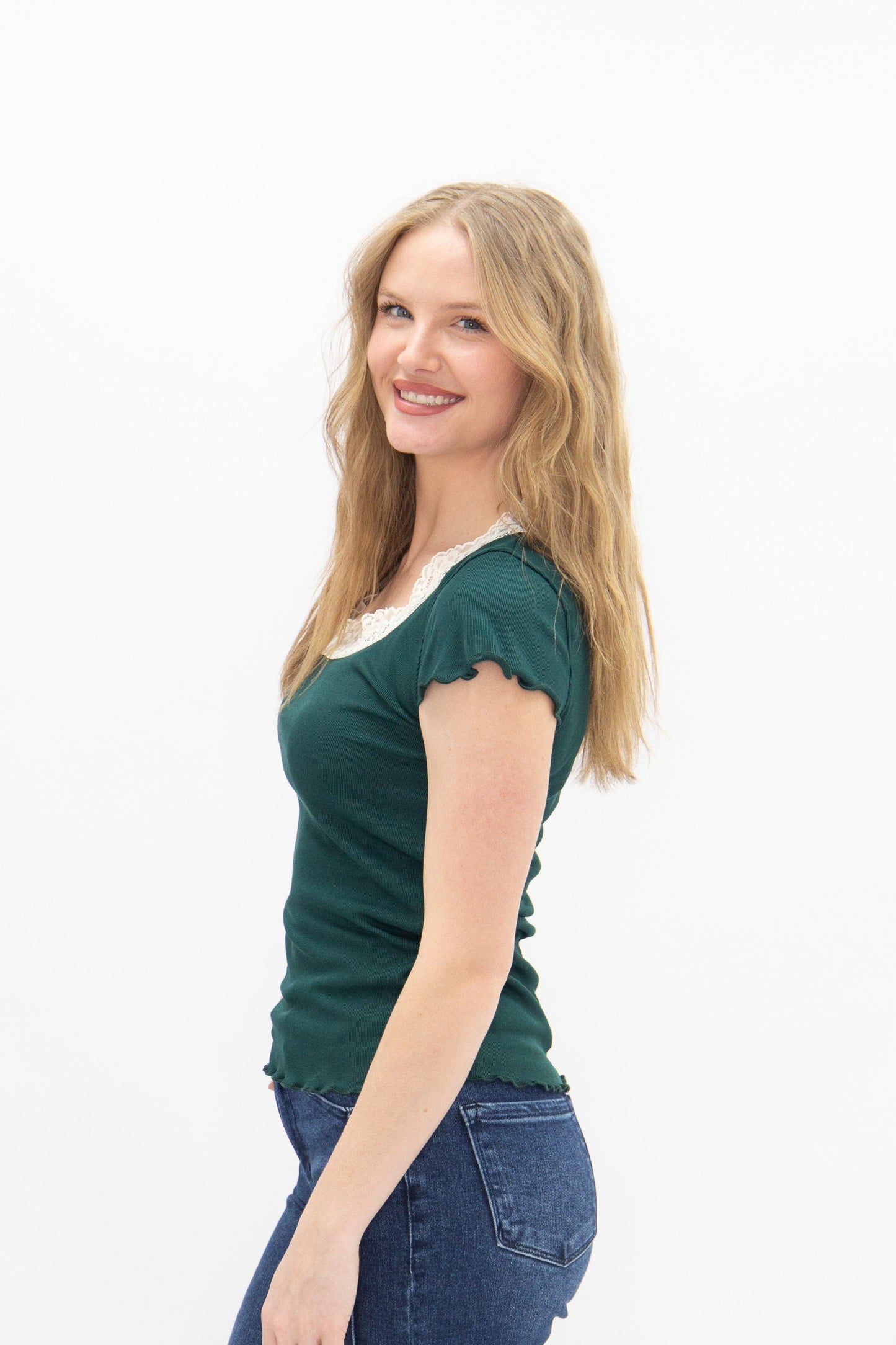 Grace & Emma Square Neck Tee with Lace Trim, Forest Green