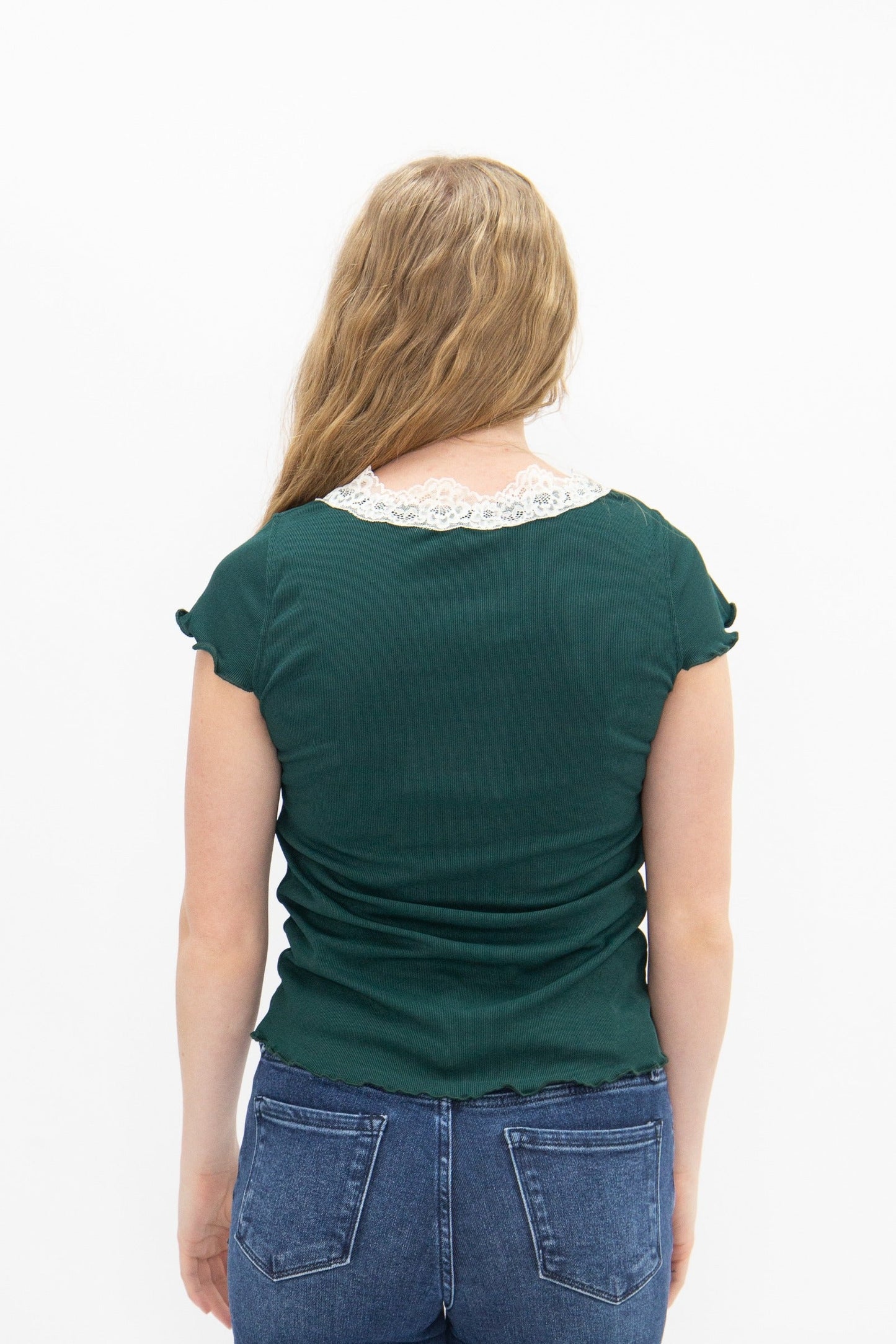 Grace & Emma Square Neck Tee with Lace Trim, Forest Green