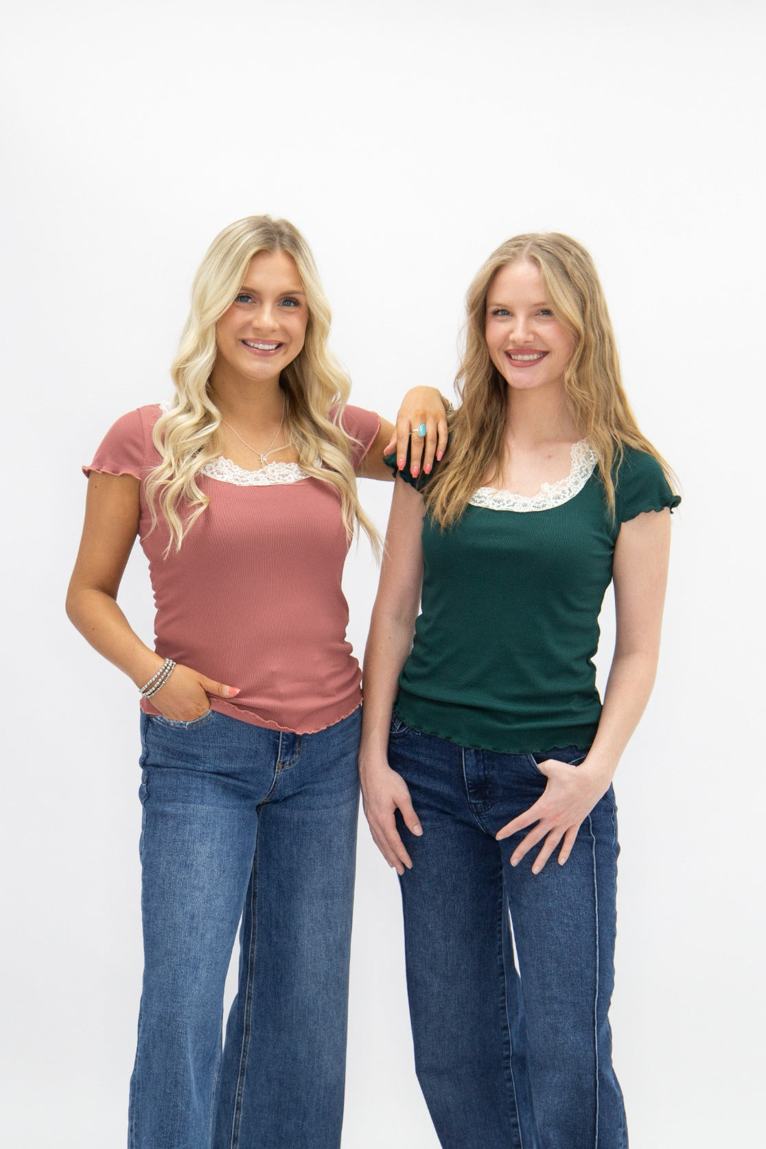 Grace & Emma Square Neck Tee with Lace Trim, Forest Green