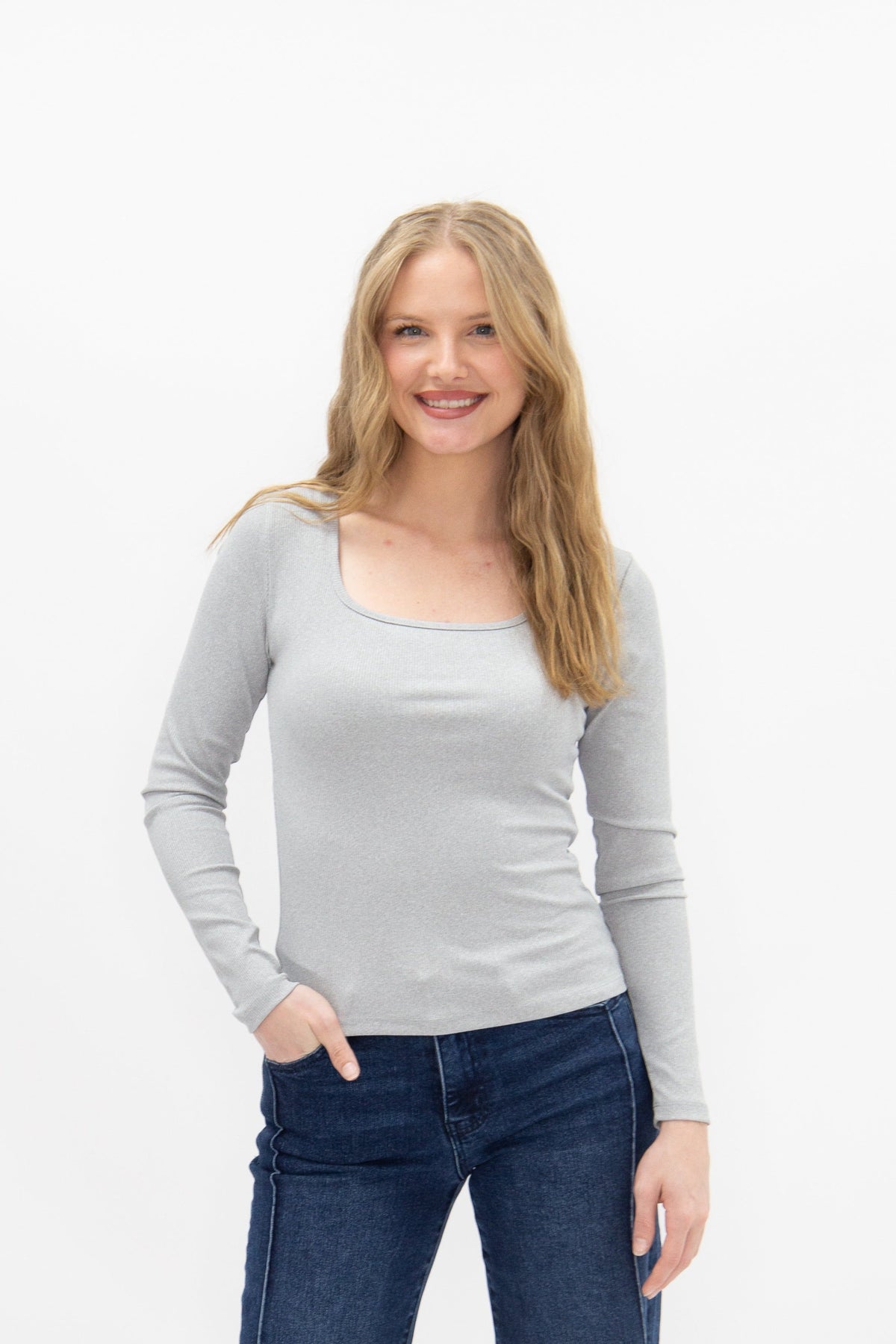 Grace and Emma Square Neck Long Sleeve Top, Grey