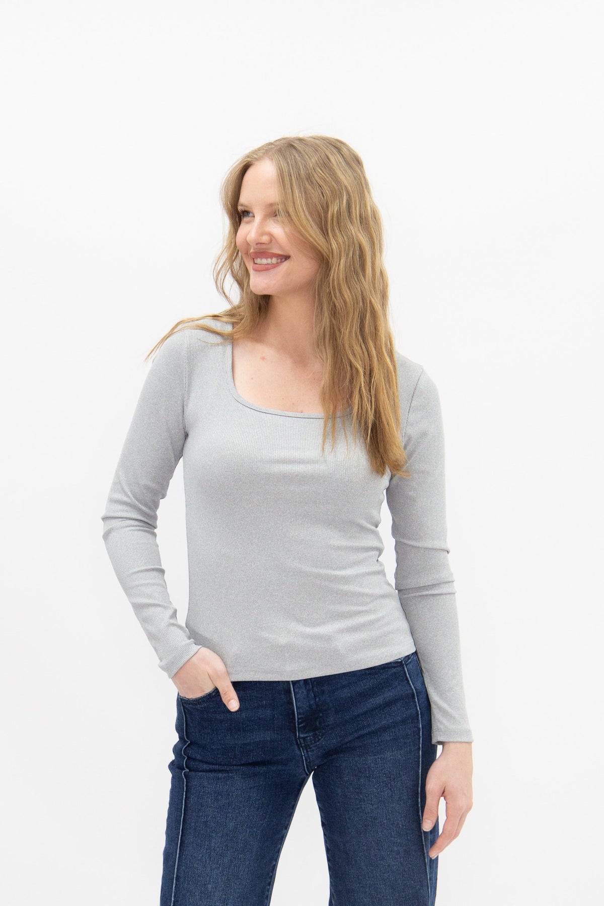 Grace and Emma Square Neck Long Sleeve Top, Grey