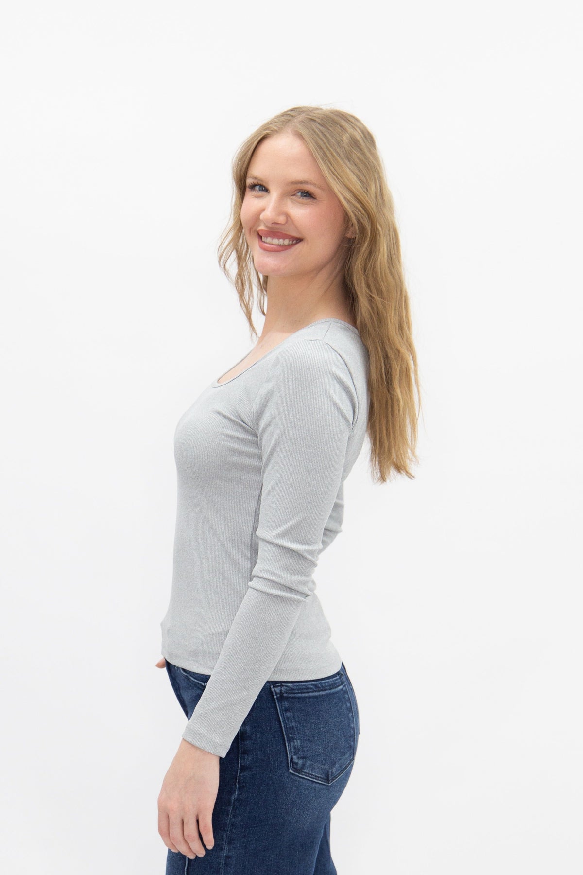 Grace and Emma Square Neck Long Sleeve Top, Grey