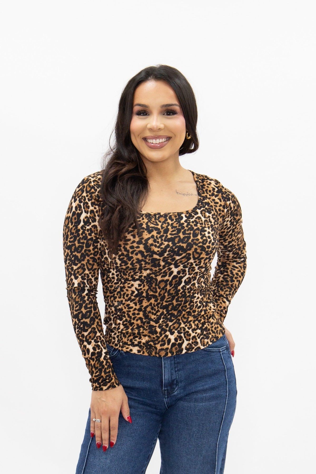 Grace and Emma Square Neck Long Sleeve Top, Leopard