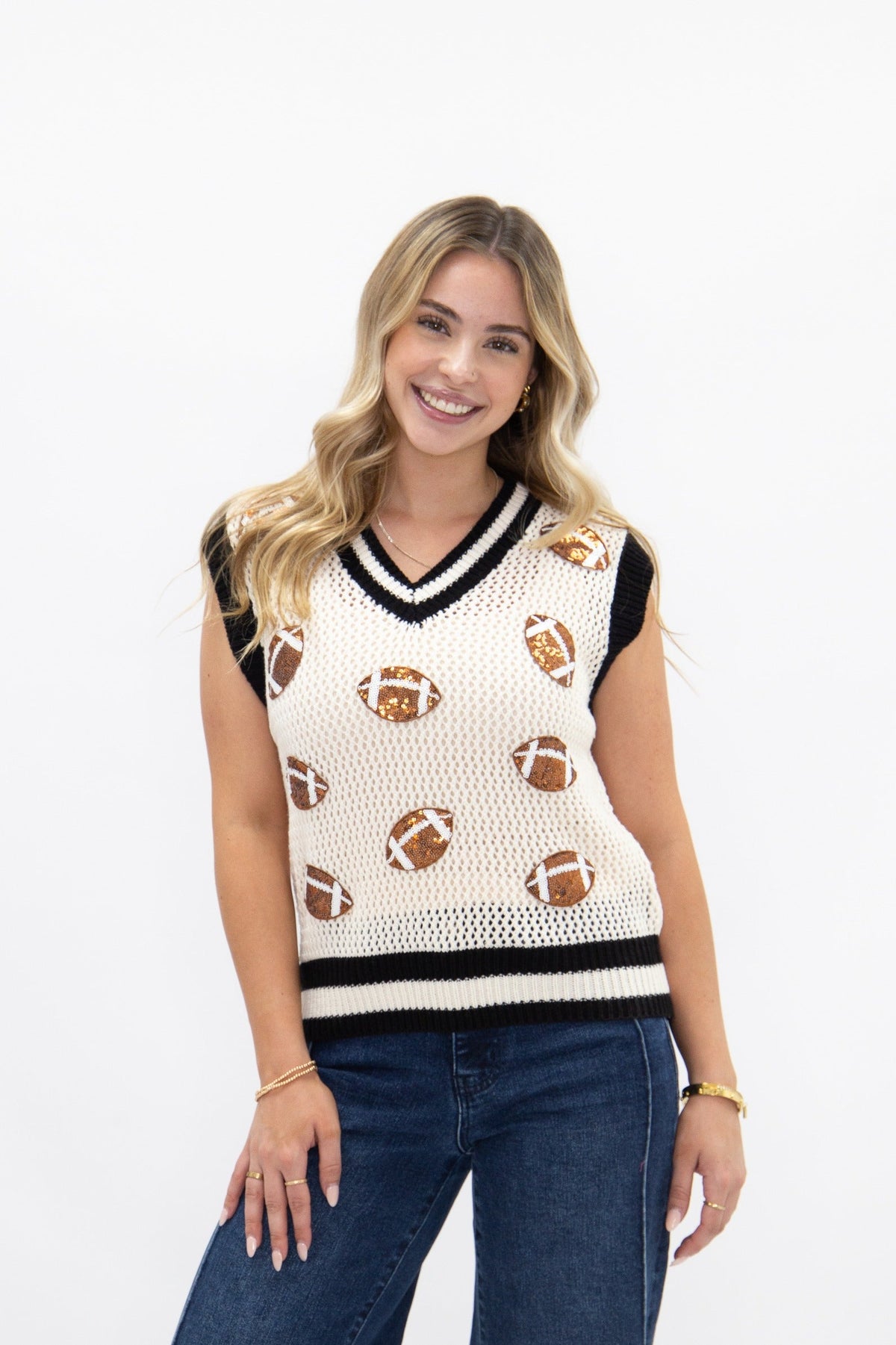 Grace and Emma Glitter Football Patches Knit White Vest