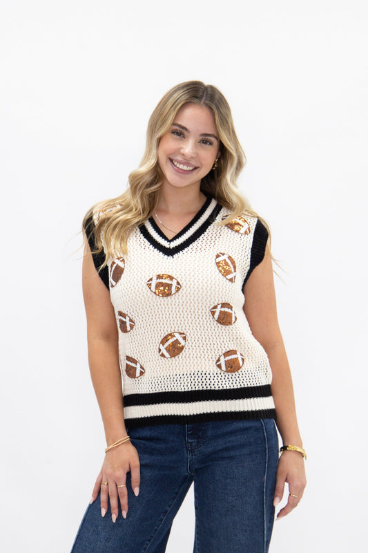 Grace and Emma Glitter Football Patches Knit White Vest