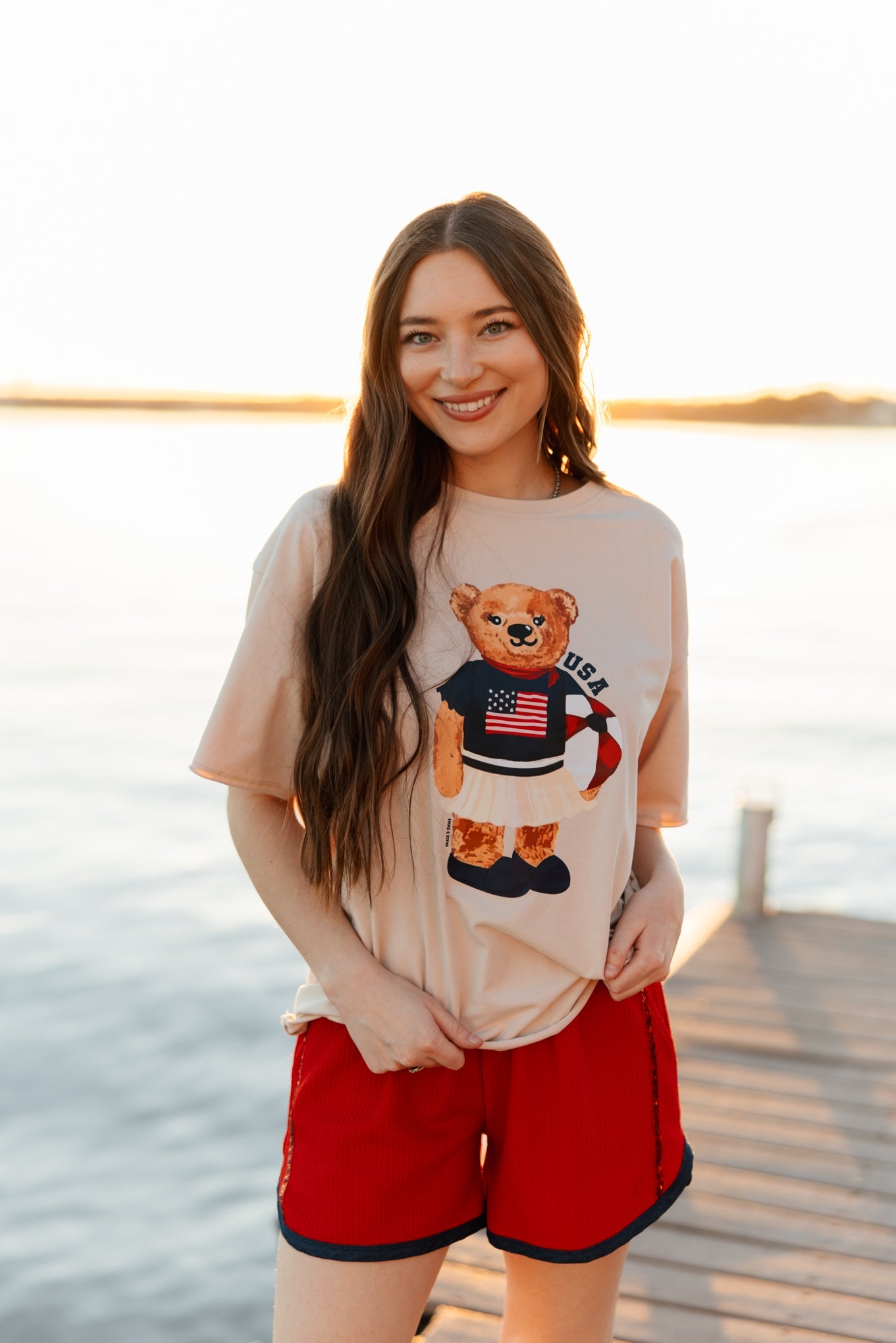 Grace & Emma USA Teddy on Beige Boxy Tee
