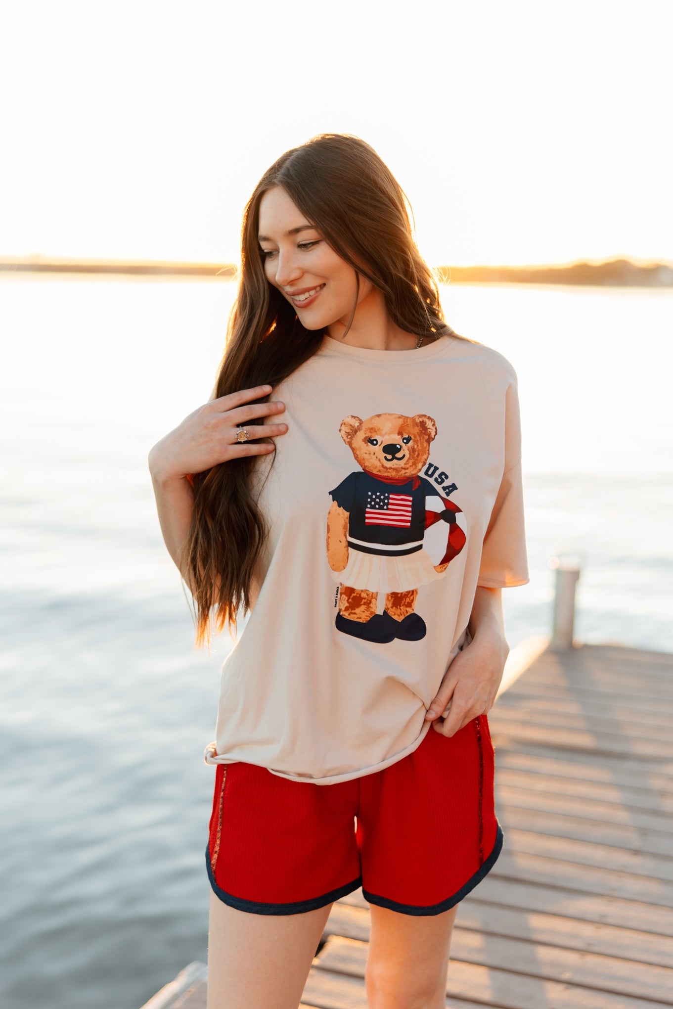 Grace & Emma USA Teddy on Beige Boxy Tee