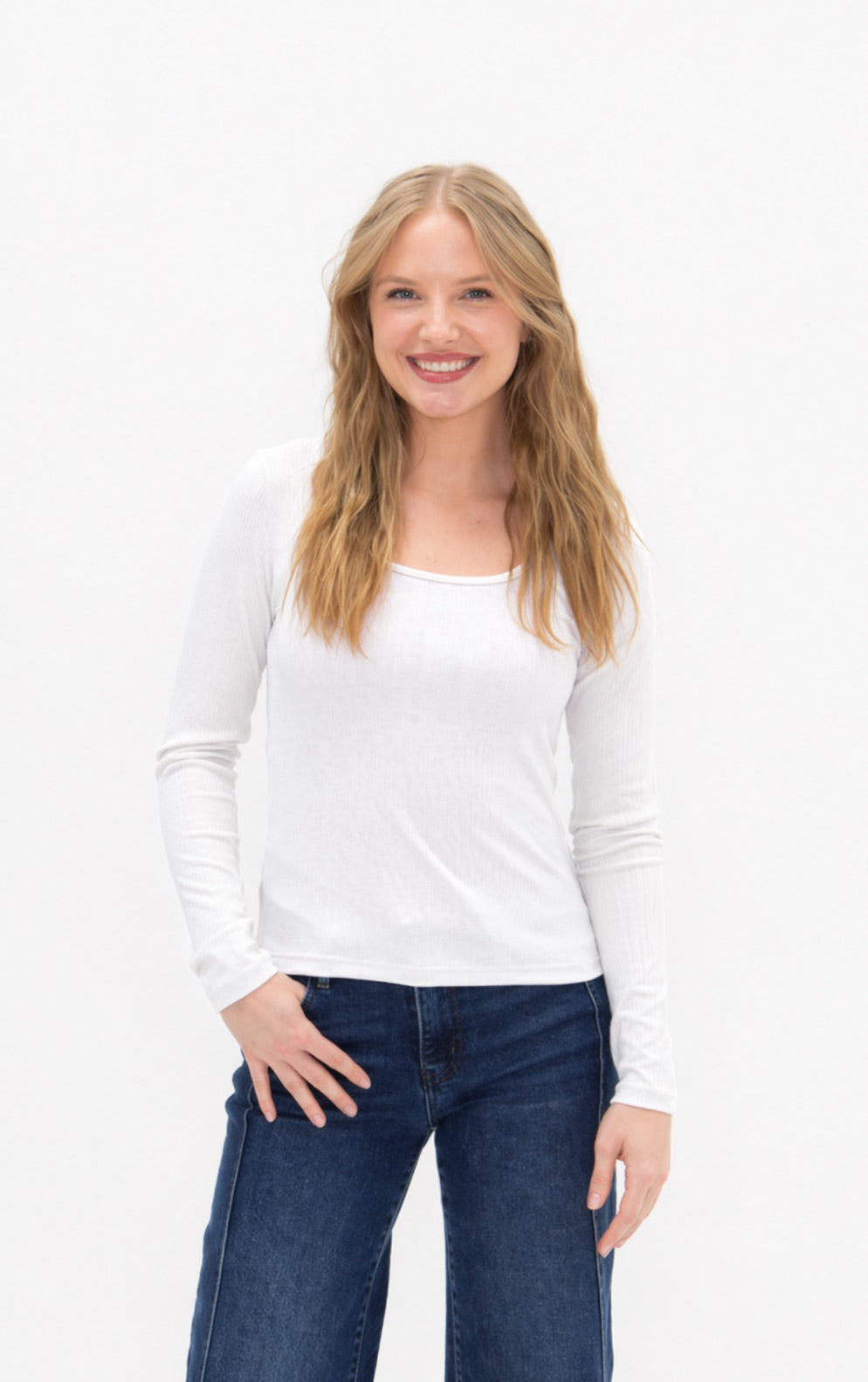 Grace and Emma Square Neck Long Sleeve Top, White