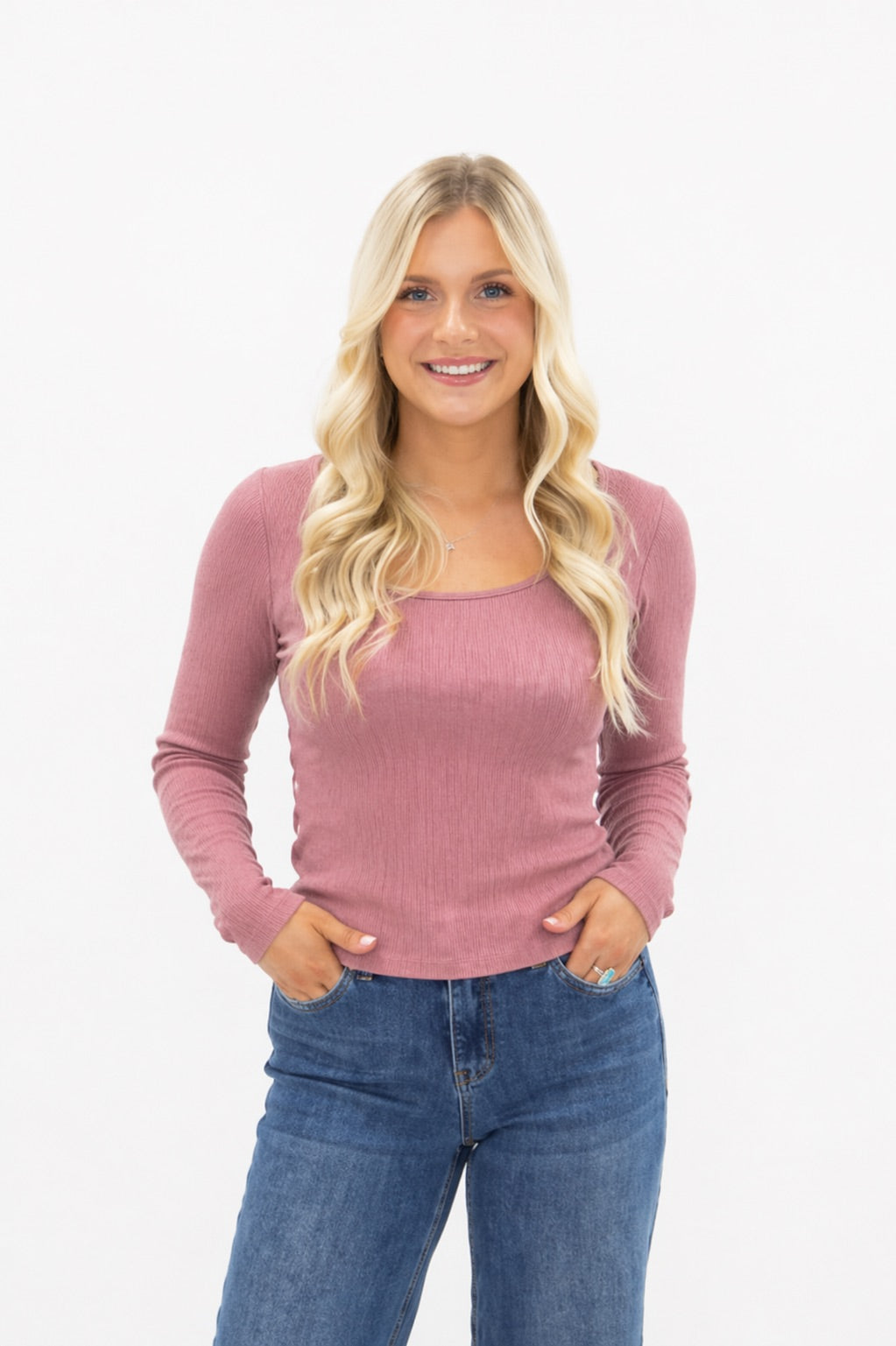 Grace and Emma Square Neck Long Sleeve Top, Mauve