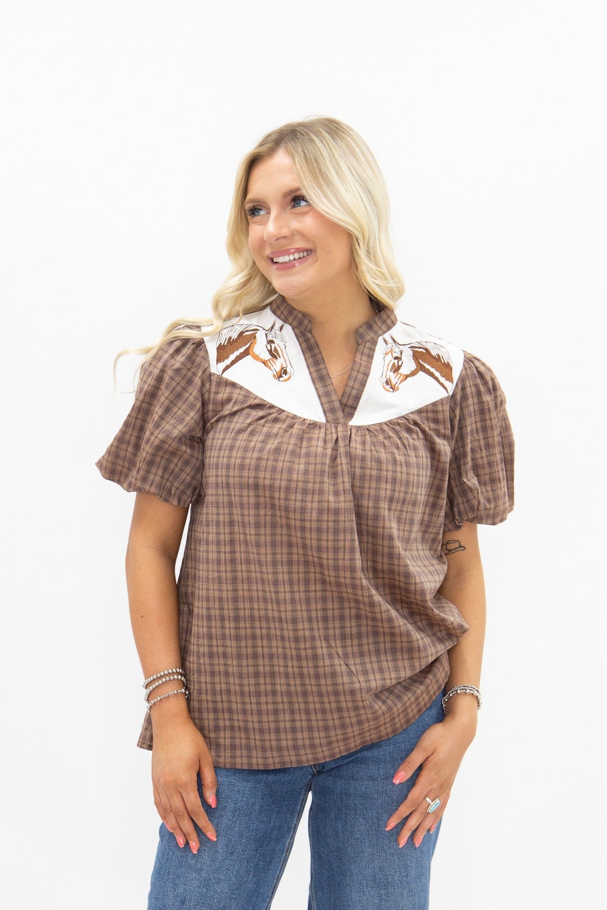 Grace and Emma Western Yoke Collared Top with Embroidered Horses