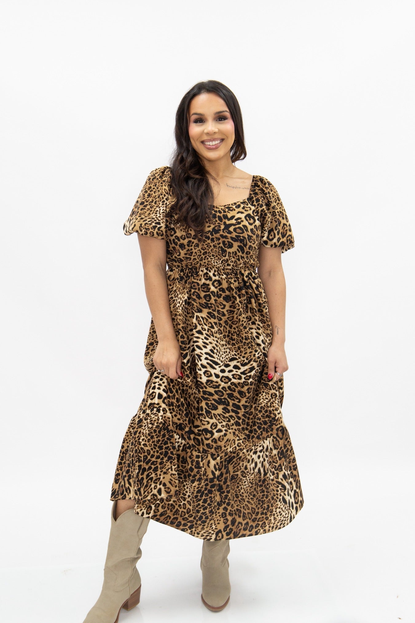 Grace & Emma Puff Sleeve Midi Dress, Leopard