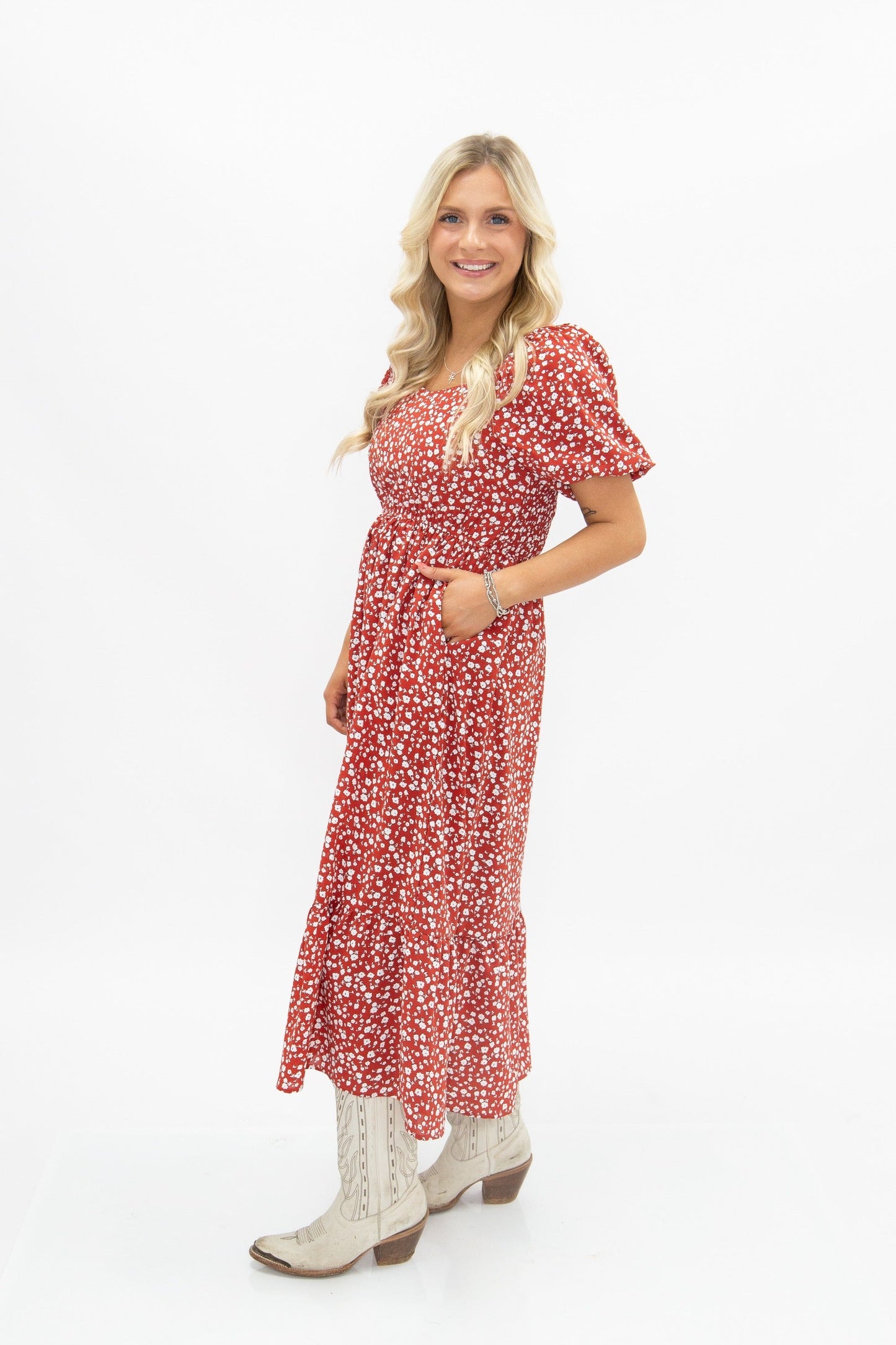 Grace & Emma Puff Sleeve Midi Dress, Red Floral