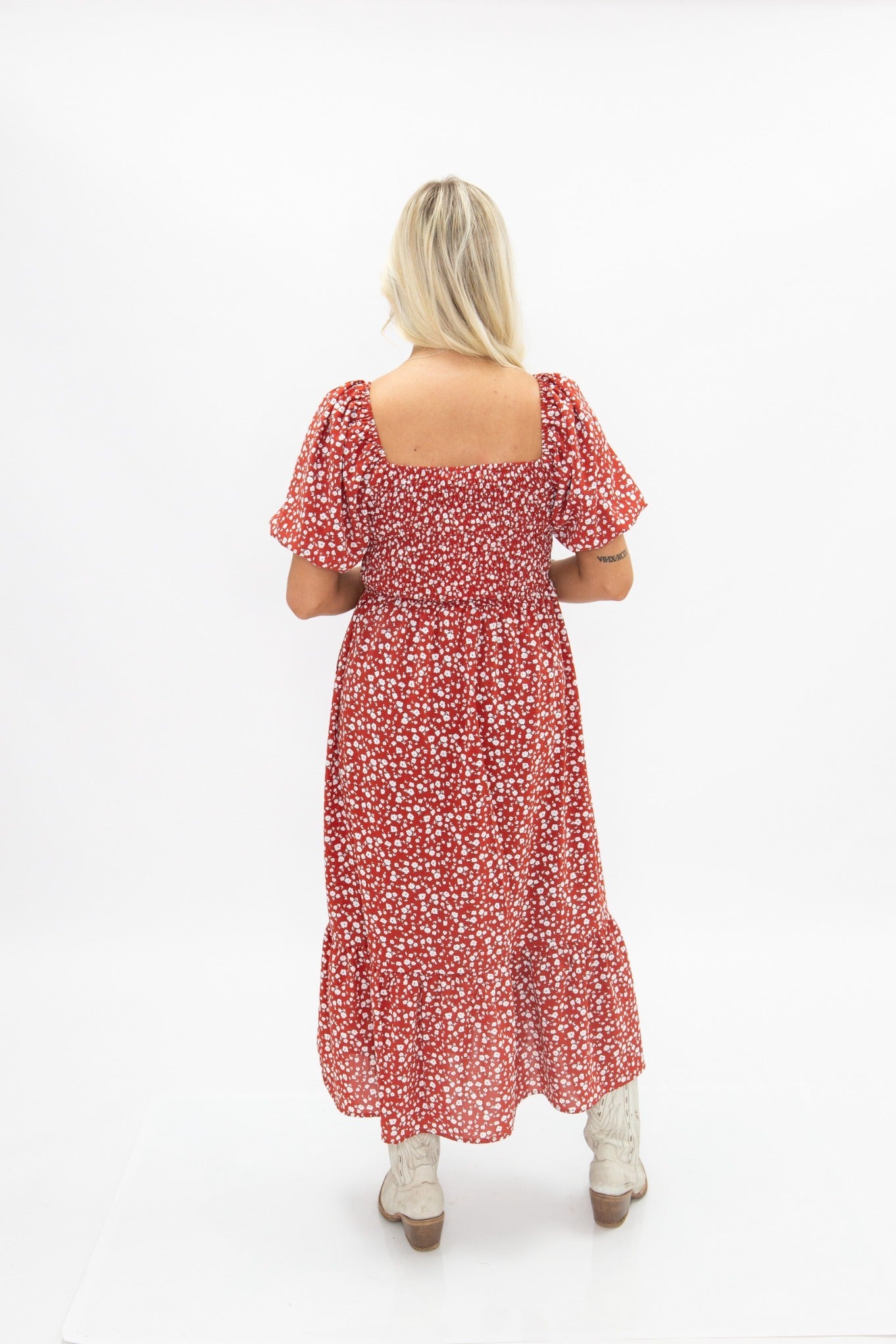 Grace & Emma Puff Sleeve Midi Dress, Red Floral