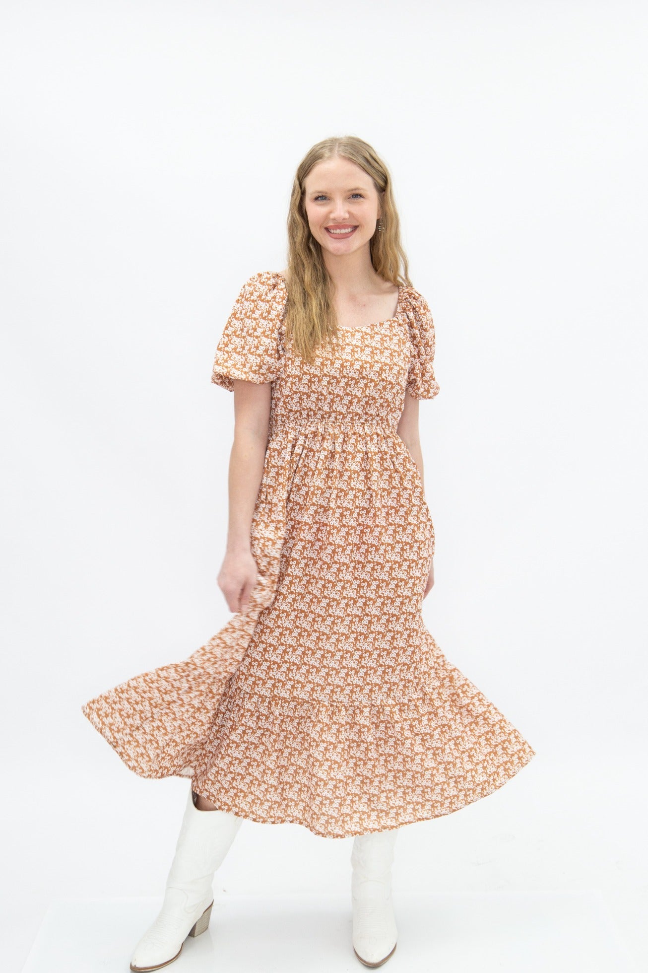 Grace & Emma Puff Sleeve Midi Dress, Rust Floral