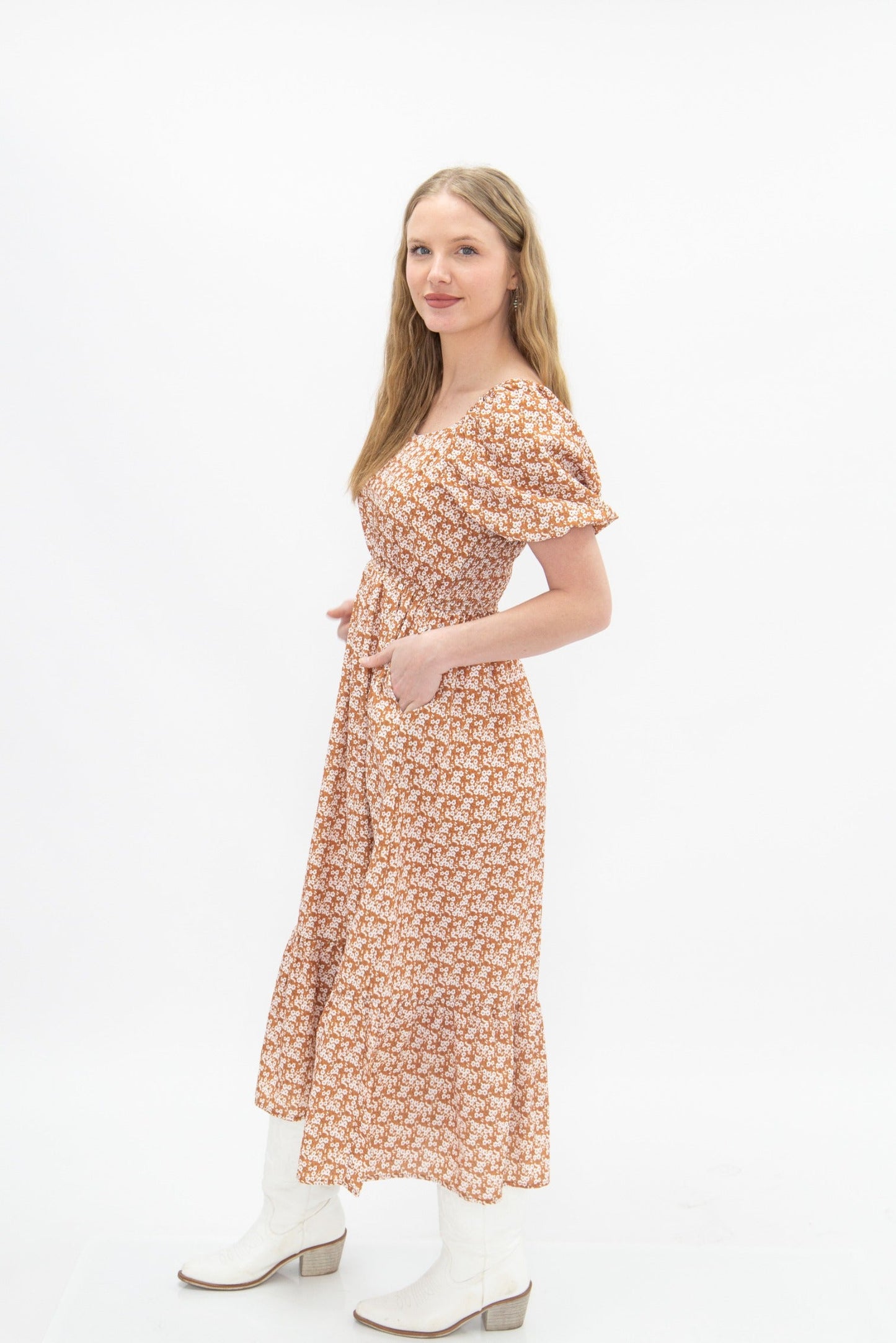 Grace & Emma Puff Sleeve Midi Dress, Rust Floral