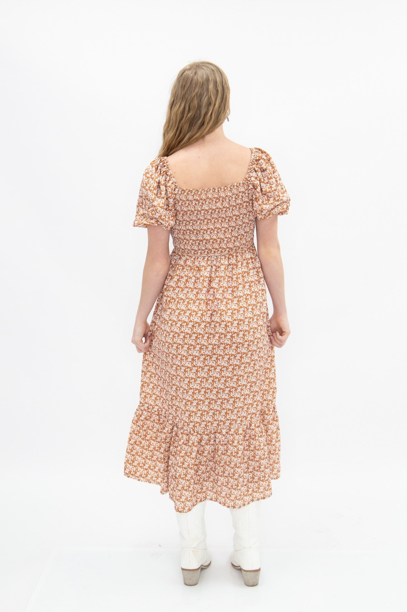 Grace & Emma Puff Sleeve Midi Dress, Rust Floral