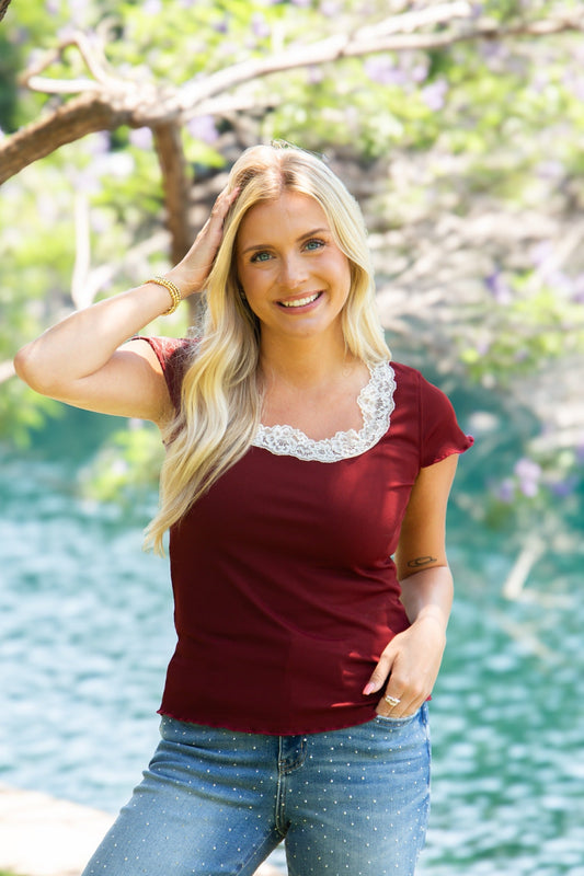Grace & Emma Square Neck Tee with Lace Trim, Maroon