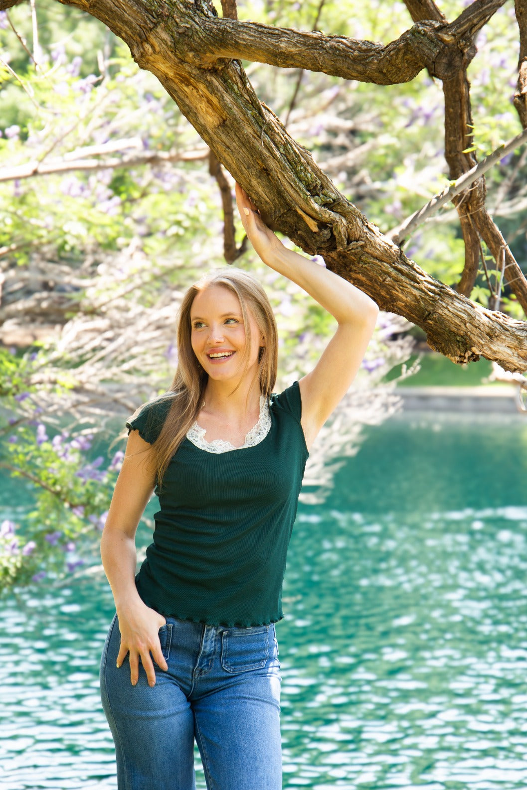 Grace & Emma Square Neck Tee with Lace Trim, Forest Green