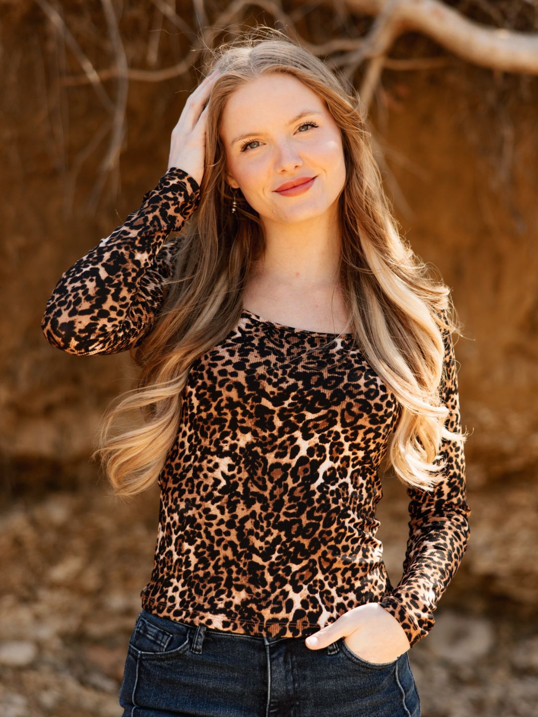 Grace and Emma Square Neck Long Sleeve Top, Leopard