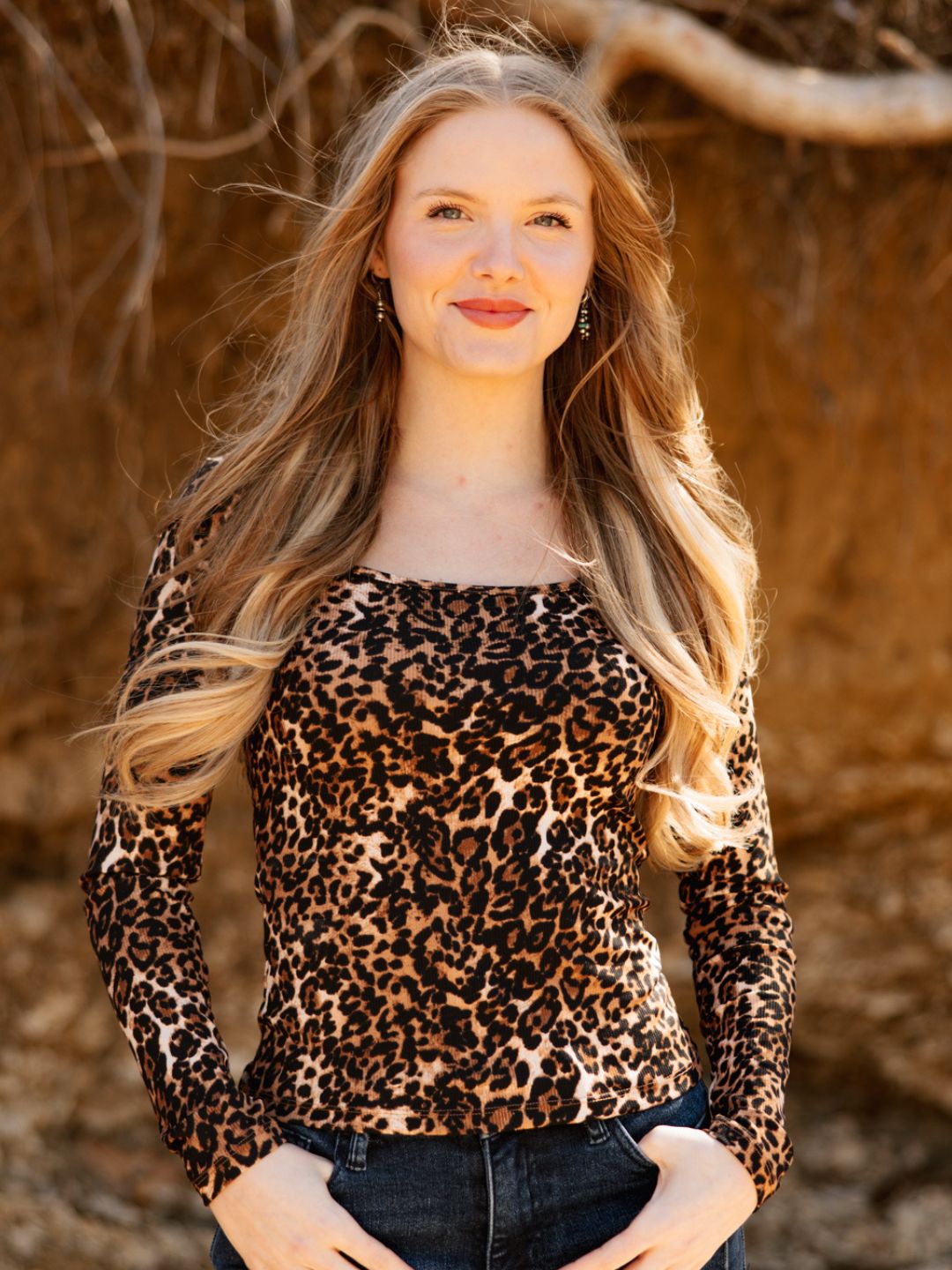 Grace and Emma Square Neck Long Sleeve Top, Leopard